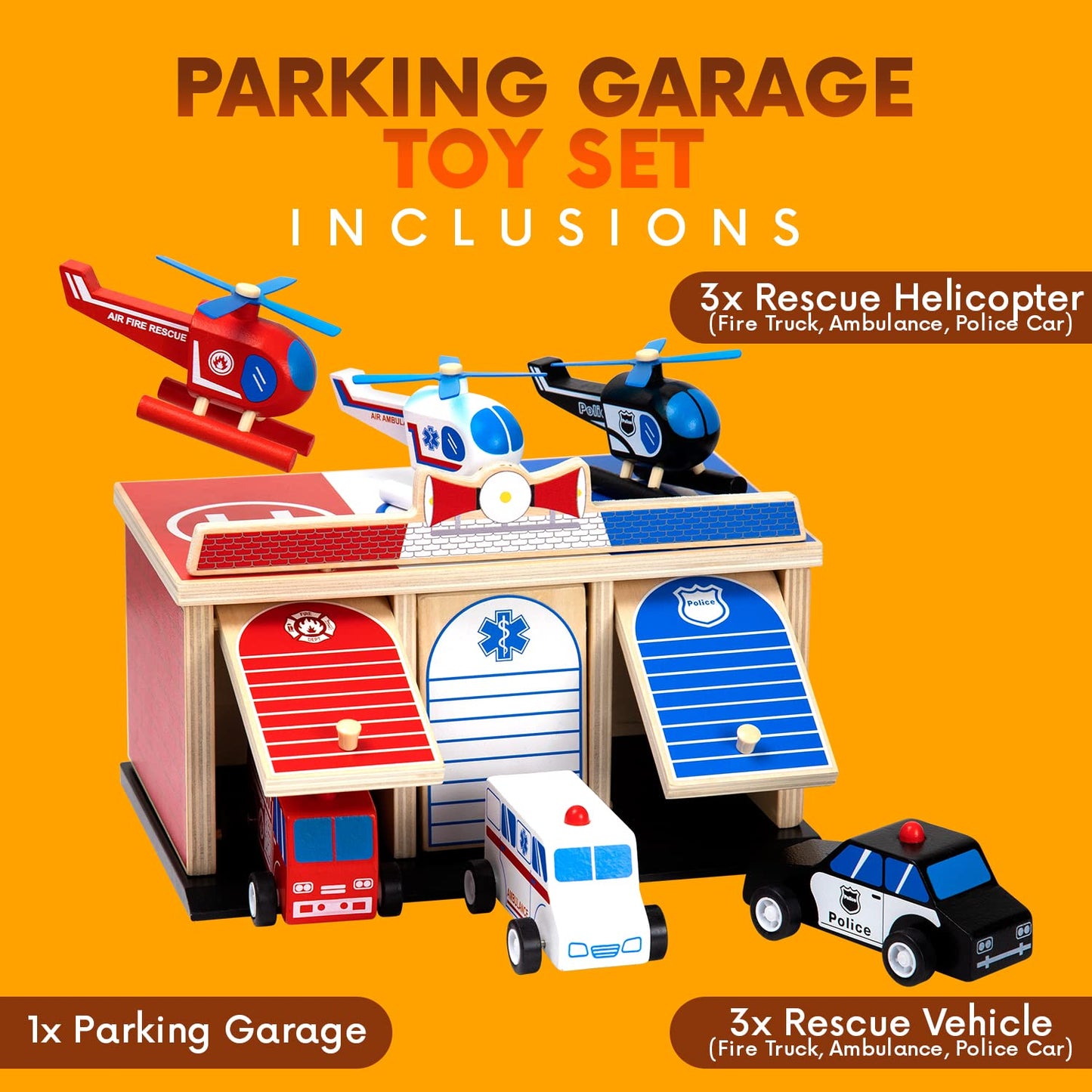 Rescue Station Wooden Playset – 2-Level Garage with Fire Truck, Ambulance, Police Car & 3 Helicopters – Emergency Vehicles for Kids 3+