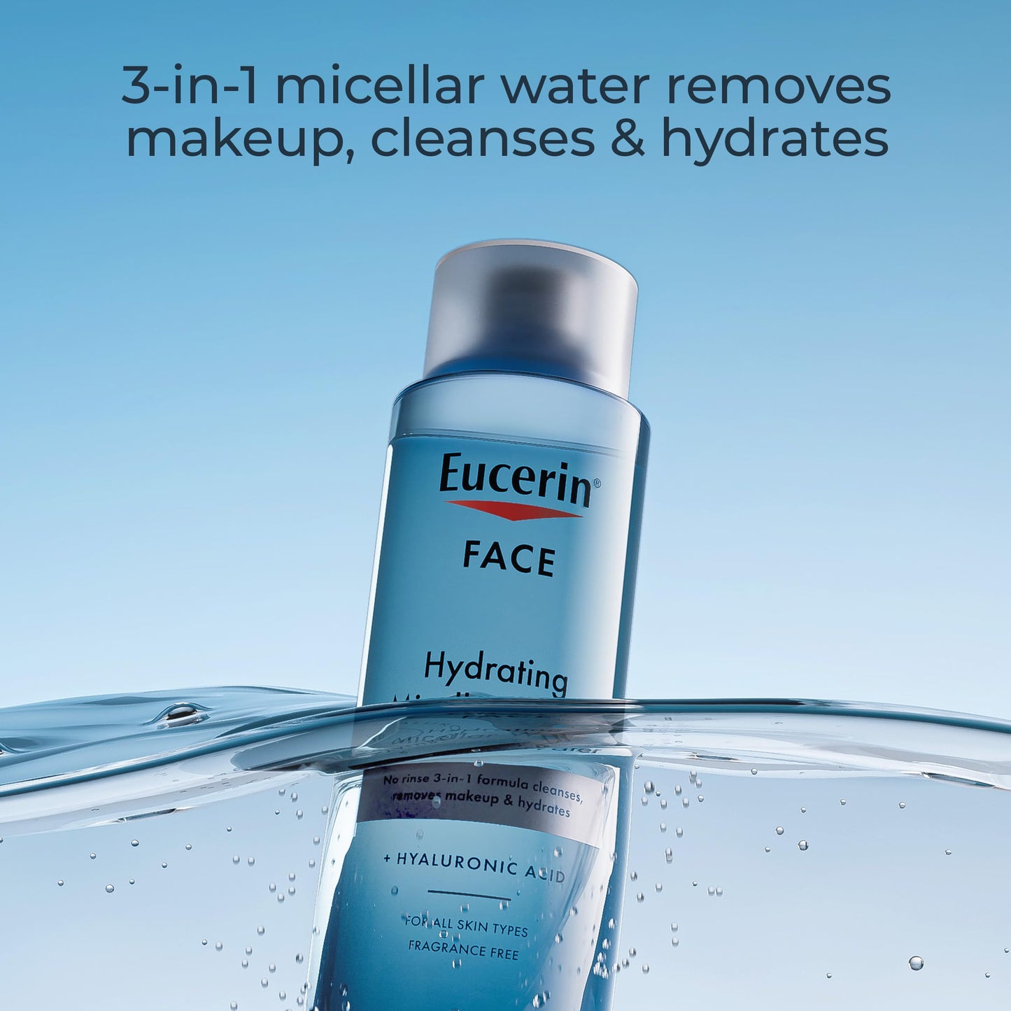 Eucerin Face Gentle Cleansing Hydrating Micellar Water with Hyaluronic Acid, Face Cleanser and Makeup Remover, Fragrance Free and Non-Drying for All