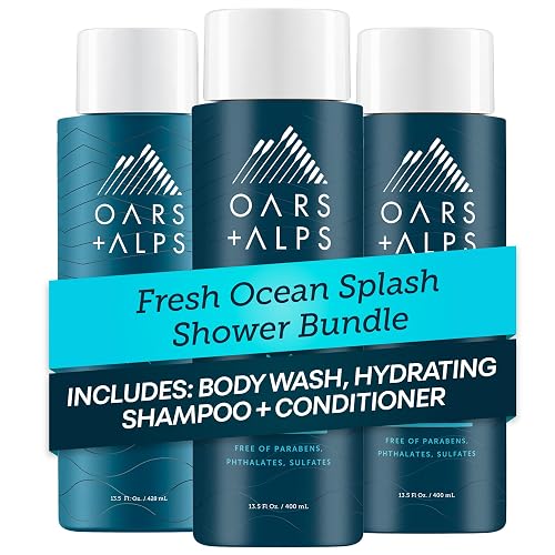 Oars + Alps Men's Sulfate Free Hair Shampoo, Conditioner, and Body Wash Kit, Moisturizing Skin Care Infused with Kelp and Algae Extracts, Fresh Ocean