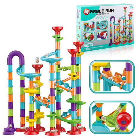 Marble Run Pipeline 113pcs Construction Set – STEM Building Blocks with Spiral Ladder, Rotating Funnel & T-Track for Kids Ages 4-8