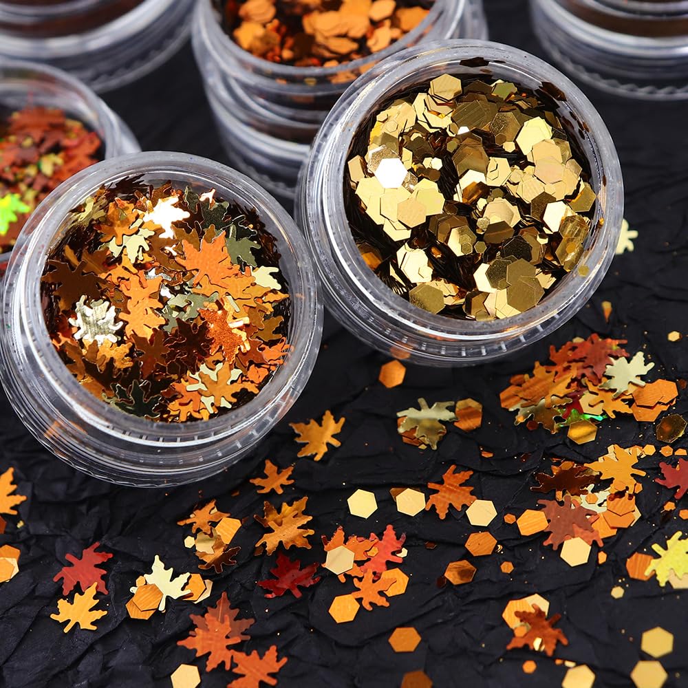 Fall Nail Art, 6 Boxes Fall Leaves Nail Glitters 3D Gold Maple Leaf Nail Sequins with Glitter Powder Gold Yellow Red Autumn Leaves Nail Art Flakes
