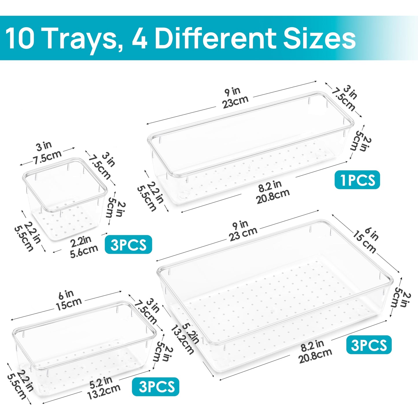 Vtopmart 10 Pcs Makeup Drawer Organizer Bins Set, 4 Size Plastic Makeup and Vanity Organizer Trays, Clear Acrylic Vanity Storage Containers Beauty and Personal Care Vtopmart