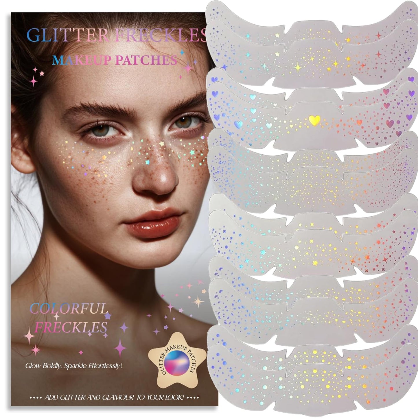 Glitter Freckles, Holographic Face and Body Glitter Tattoo Sparkle for Women Gold Glow Cosmetic Star Makeup Accessories for Festival Rave (12pcs