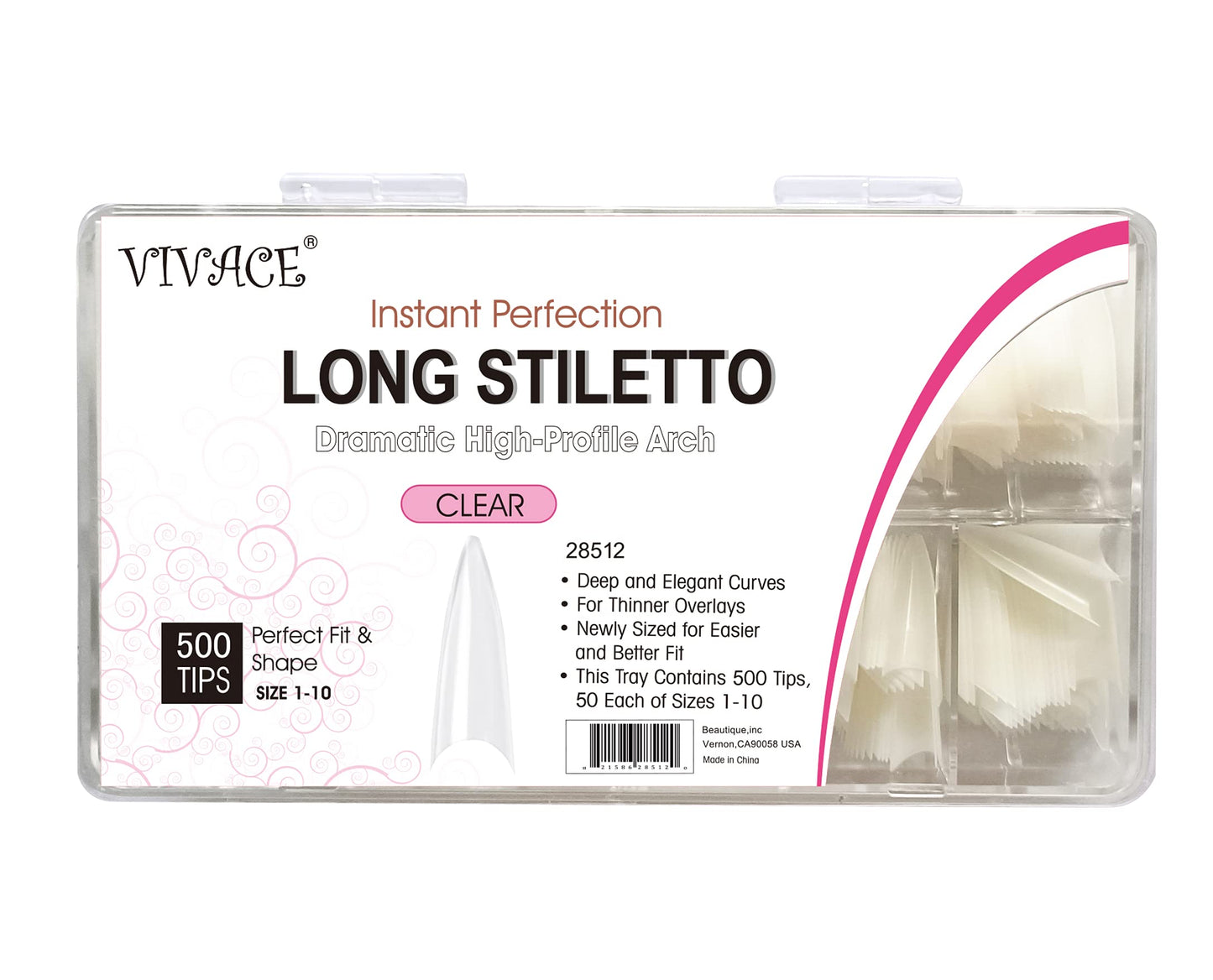 VIVACE Clear Long Stiletto 500pcs Artificial Fake Gel Nail Tips,10 Sizes With Clear Plastic Case For Nail Salon