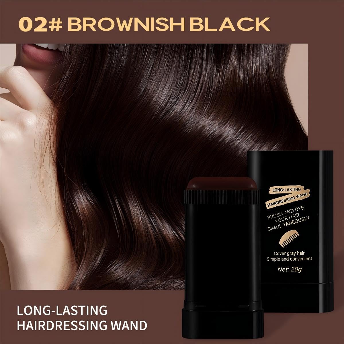 2-in-1 Hair Color Stick & Comb, Long-Lasting Waterproof Color,Sweat-Proof, Quick Root Touch-Up, Coloring Tool - For Women & Men (Brownish Black-2PCS)