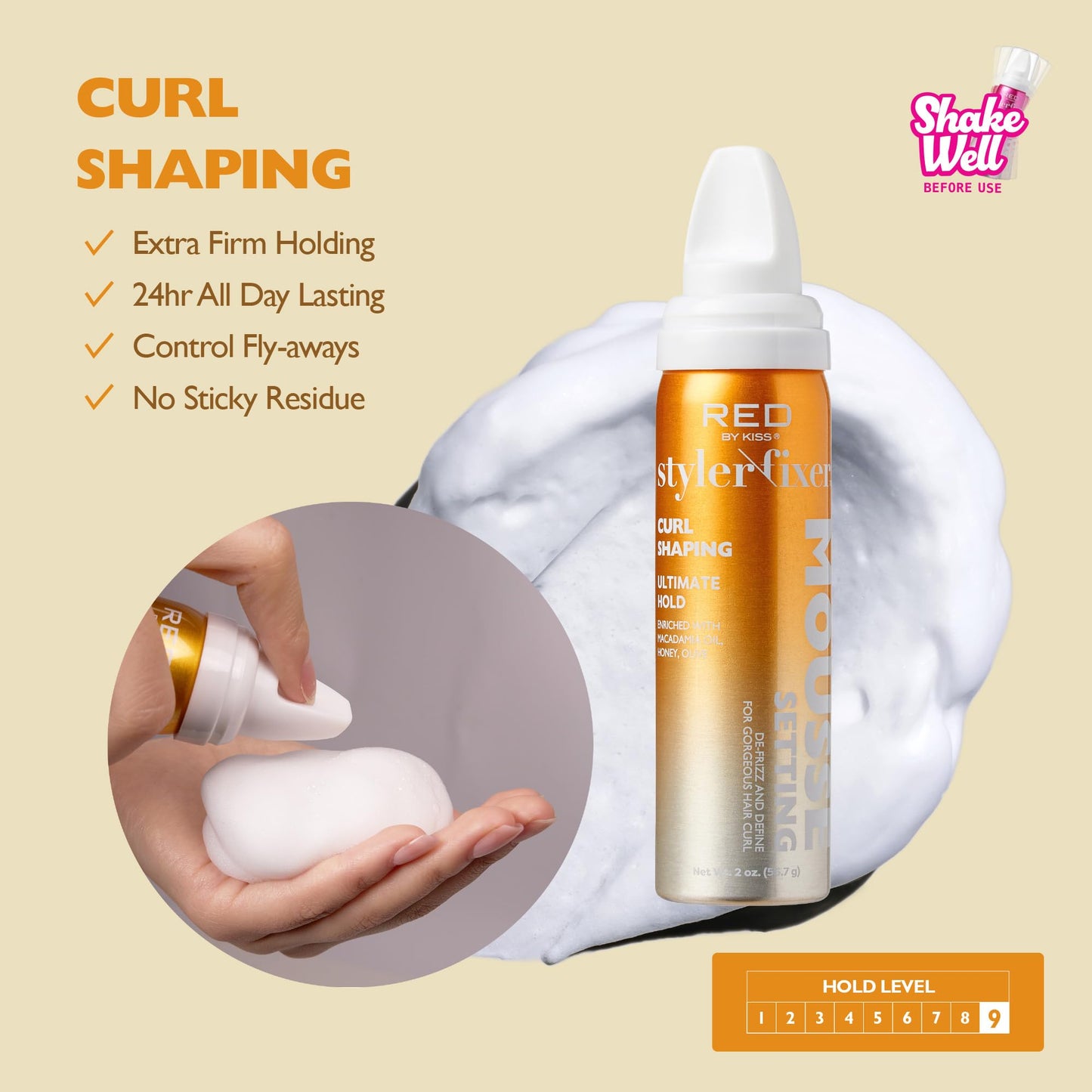 Red by Kiss Setting Mousse Braid Frizz Control, Curl Definition, Shine, Maximize Volume, Ultimate Hold, Long Lasting, Non Sticky Creamy Foam Style
