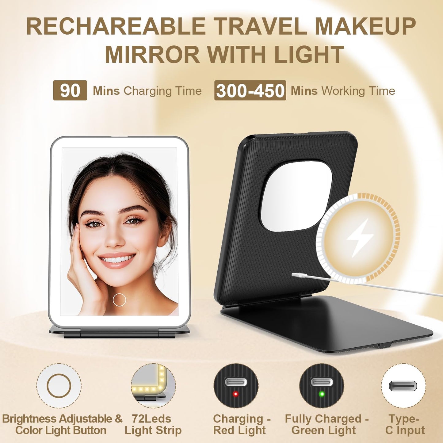 Mocado LED Foldable Travel Makeup Mirror - 5x7 inches 3 Colors Light Modes USB Rechargeable Touch Screen, Portable Tabletop Cosmetic Mirror