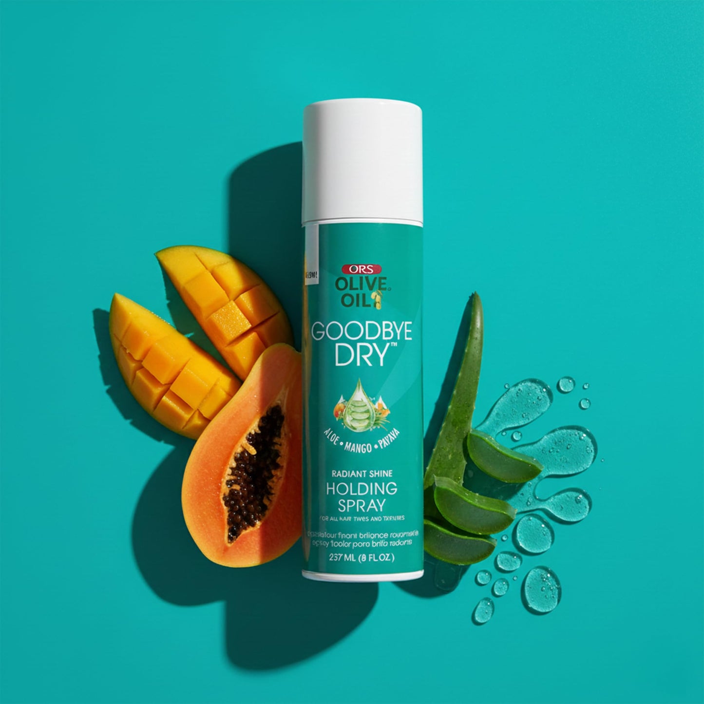 ORS Olive Oil Goodbye Dry Radiant Shine Holding Spray with Aloe, Mango & Papaya, Hydration & Nourishing for all Hair Types and Textures 8 Ounces (Pack