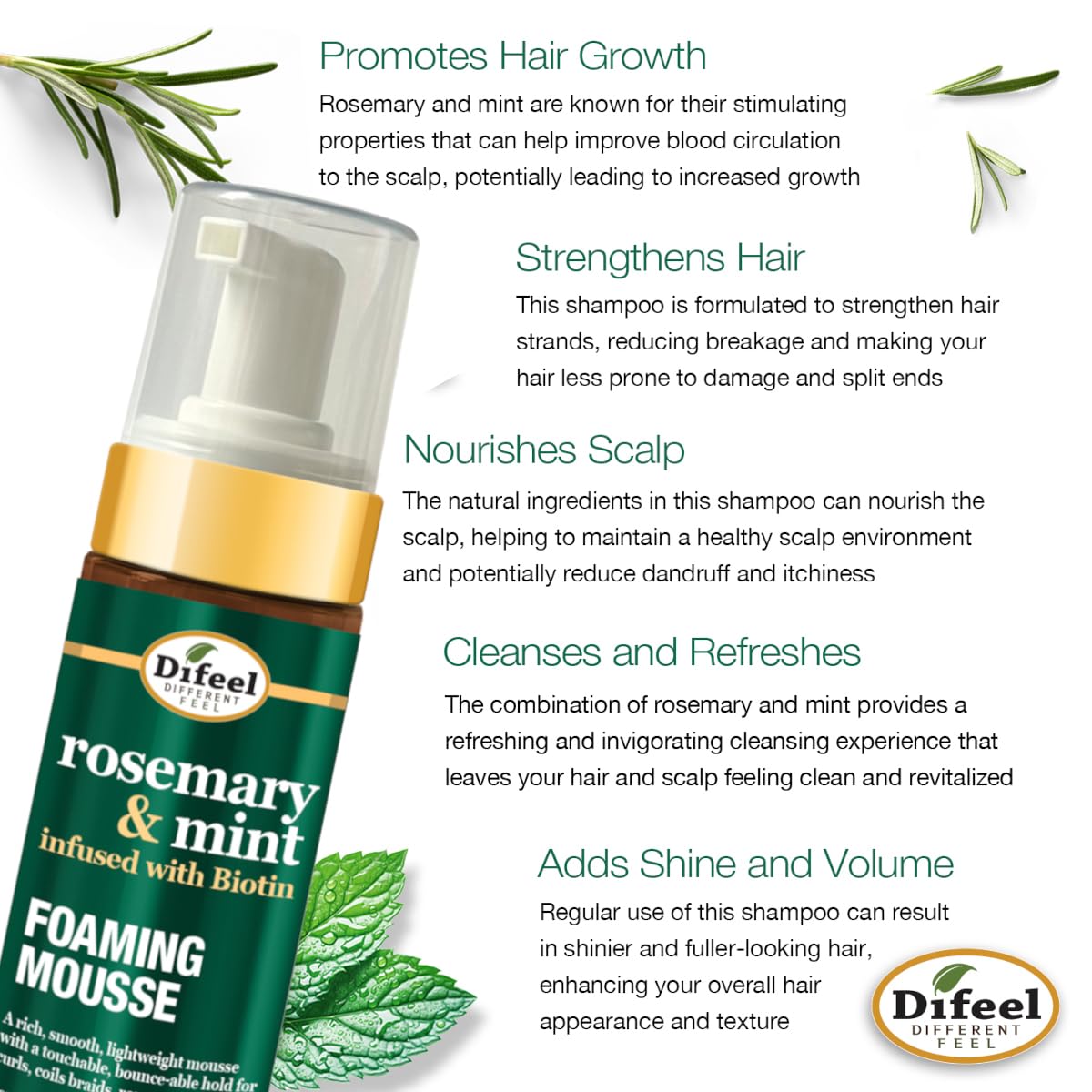 Difeel Rosemary & Mint Foaming Mousse 8 Ounces - Infused with Biotin, Level 6 Hold for Curls, Coil Braids, Rows and More