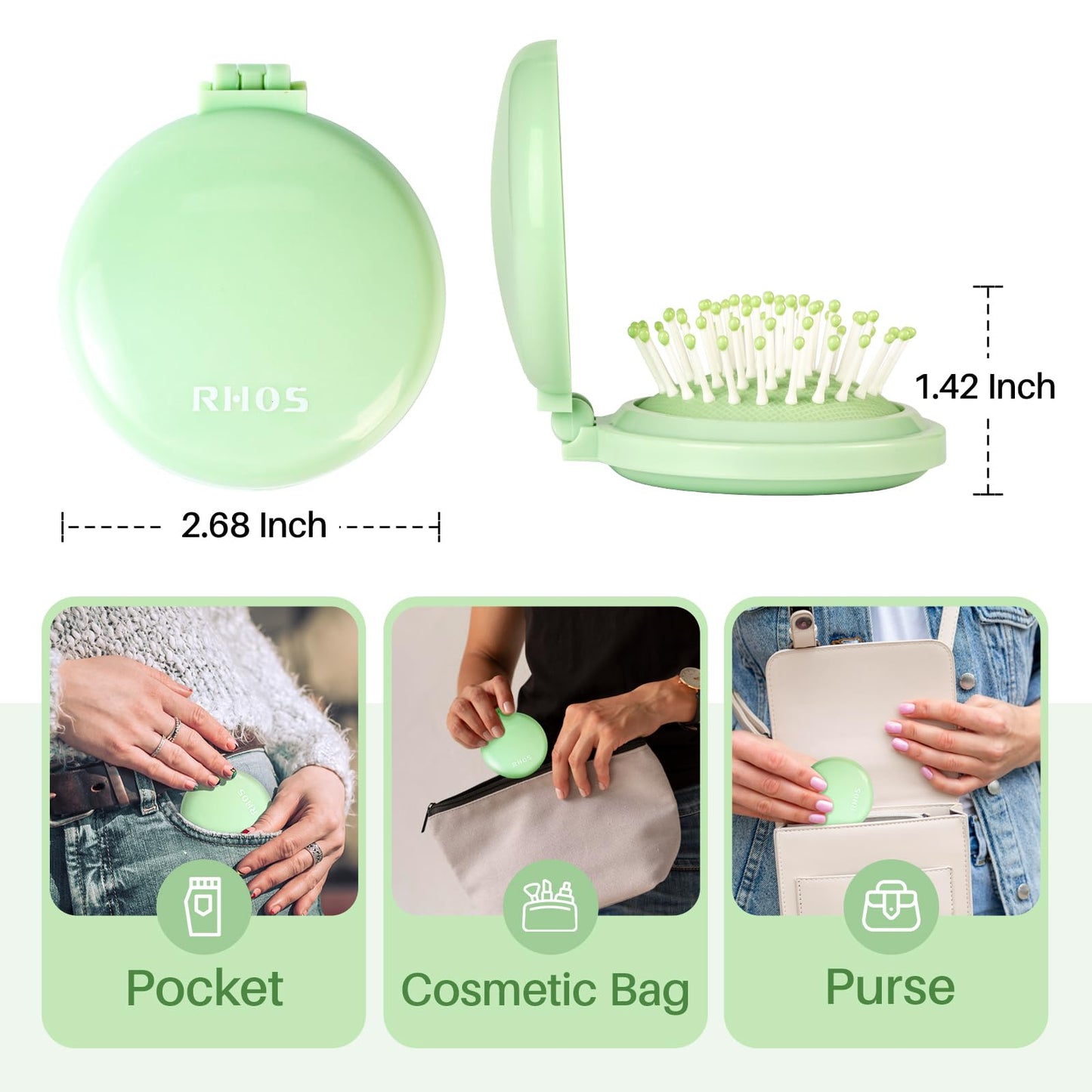 RHOS Folding Brush with Mirror - Compact, Portable and Foldable for Travel, Suitable for Women, Men, and Kids (Green) Beauty and Personal Care RHOS