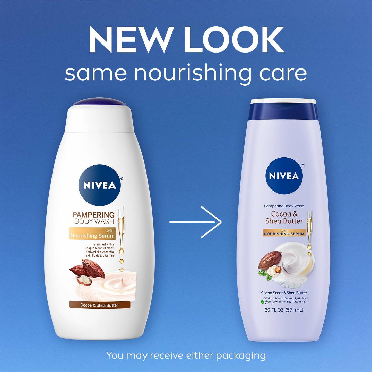 NIVEA Pampering Cocoa and Shea Butter Body Wash with Nourishing Serum, Moisturizing Body Wash for Women, Enriched with Provitamin B5 and Vitamin E, 20