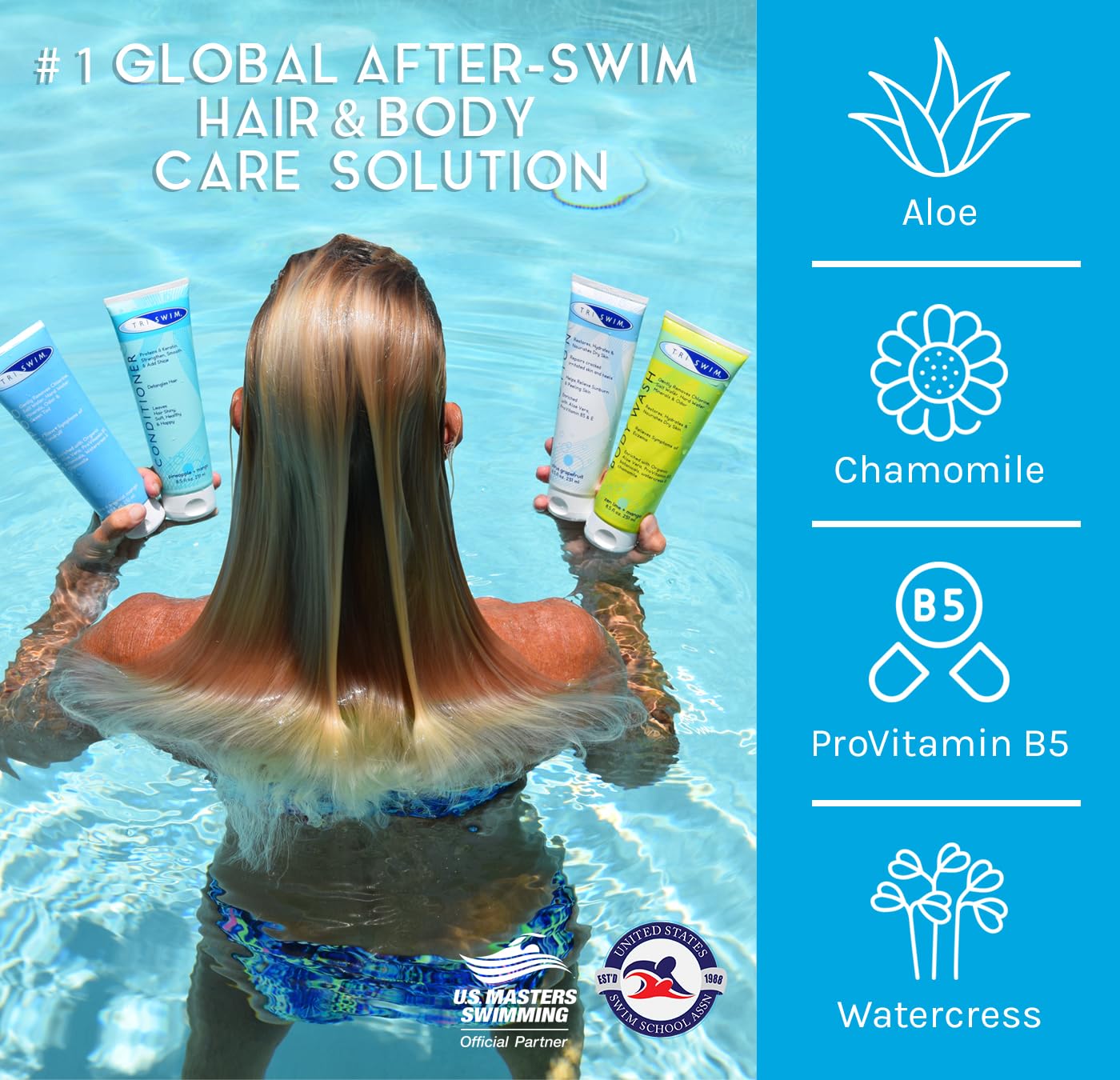 TRISWIM Pack of 4 Swim Care Set | Chlorine Removal Shampoo, Conditioner, Body Wash & Lotion, 8.5 fl oz Each | Removes Chlorine from Hair & Skin |