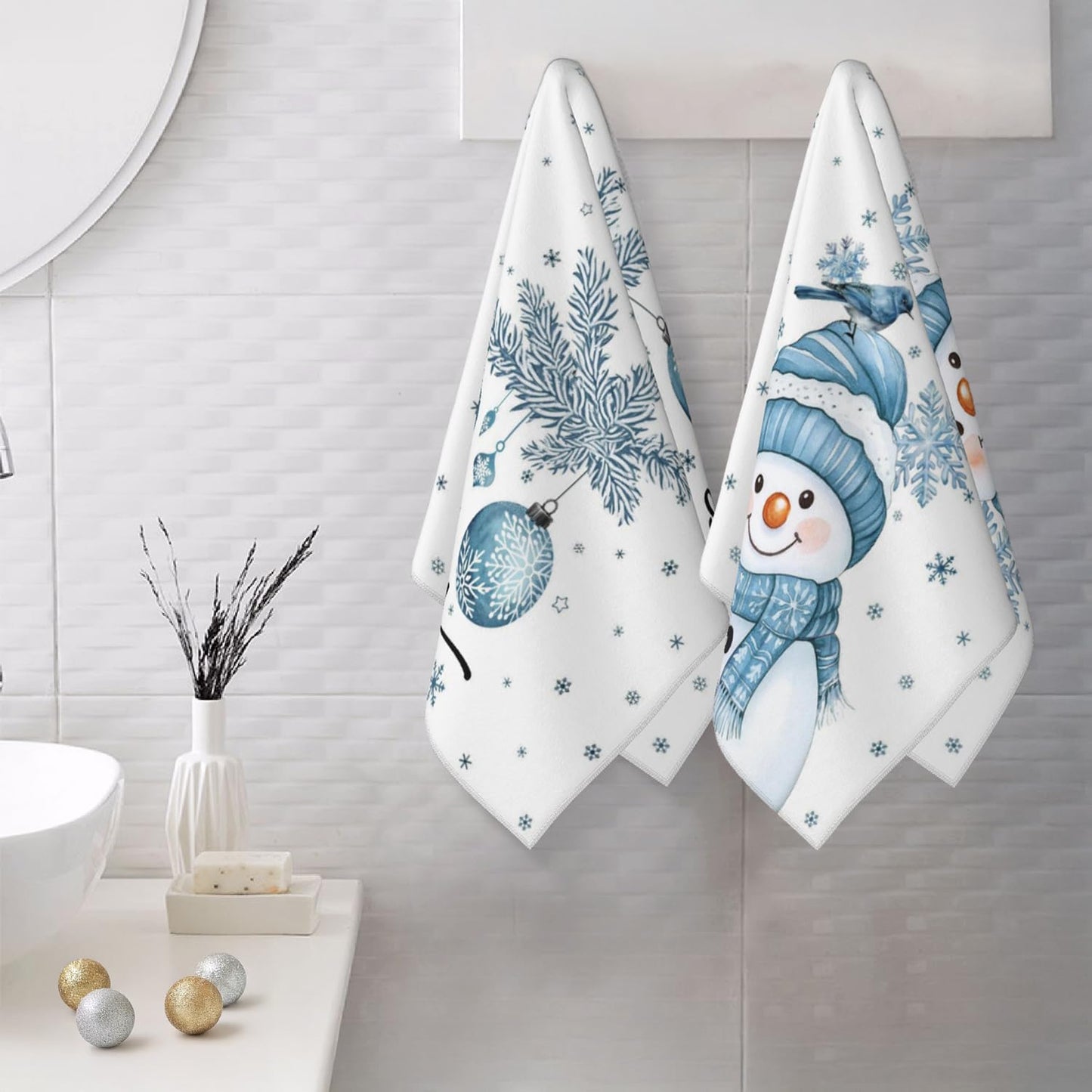 SUZEJHE Christmas Hand Towels for Bathroom Set of 2, Xmas Snowman Joy Bath Hand Towels for Kitchen Home Hotel Gym Spa Yoga Farmhouse Winter…