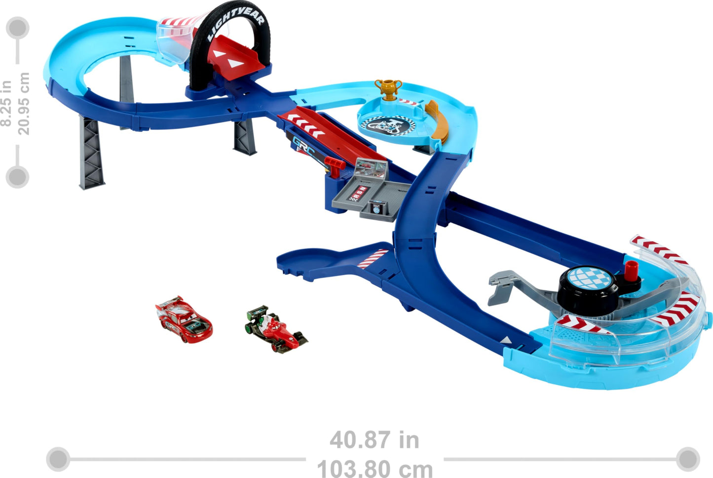 Mattel Disney and Pixar Cars Playset with 2 Toy Cars, Lightning McQueen & Francesco Bernoulli, GRC Jumping Raceway Track Set with Booster
