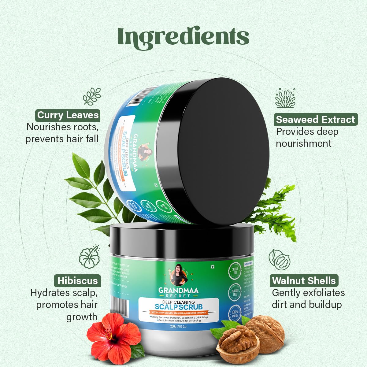 NIDHI’S GRANDMAA SECRET Scalp Scrub - Natural Curry Leaves & Seaweed Scalp Scrub for Dandruff, Buildup, Dead Skin - Cleansing and Exfoliating Dry