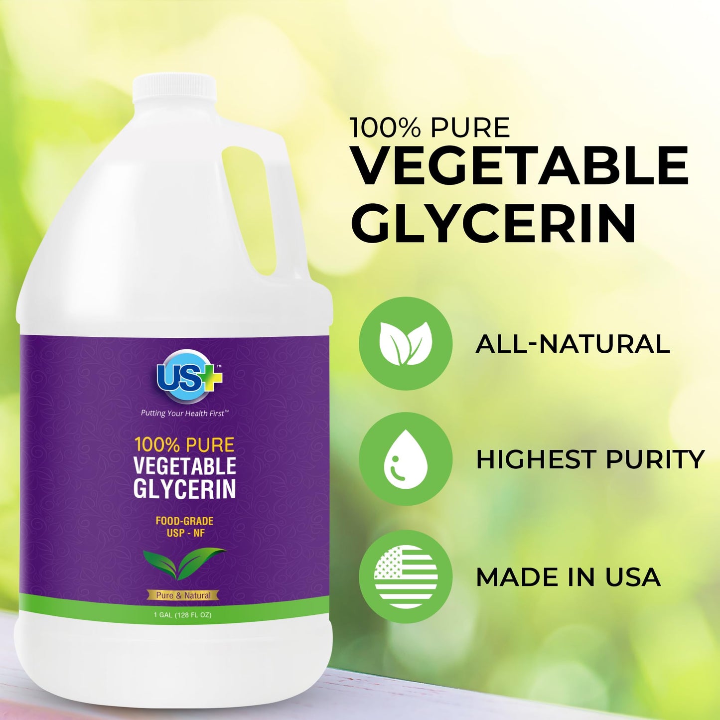 US+ 100% Pure Vegetable Glycerin - Pharmaceutical & Food Grade (USP) - Premium Quality All-Natural Moisturizer & Cleanser - For skin, hair, soaps