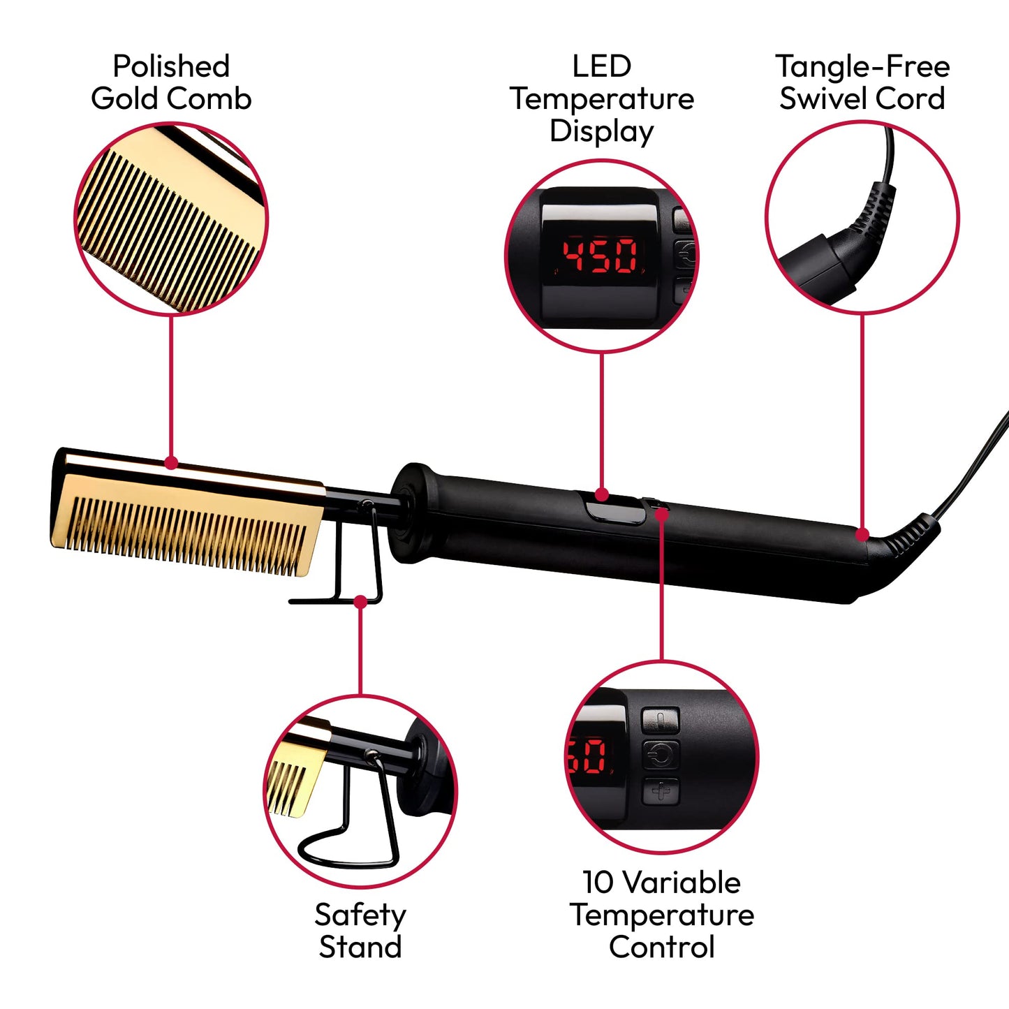 Red by Kiss Hot Comb Hair Straightener 450 Degrees, Straight Teeth Electric Heating Comb, Pressing Comb Brush for Straightening Hair and Beard
