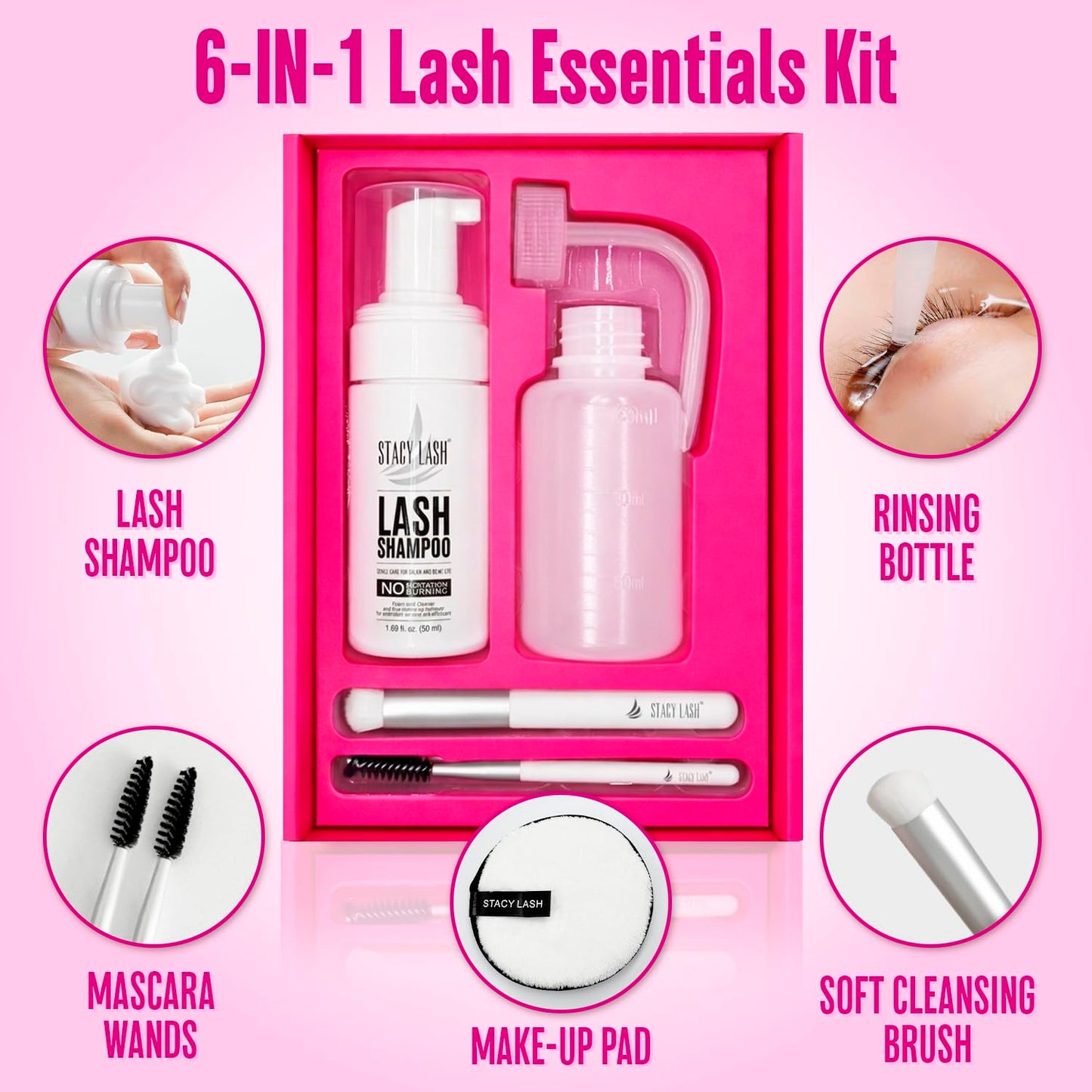 STACY LASH Lash Shampoo 50ml Kit Korean Makeup Remover with Eye Lash Spoolies & Rinse Bottle & Cleansing Pad & Brush for Eyelash Extensions & Clusters Beauty and Personal Care STACY LASH