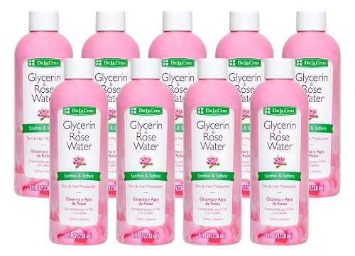 De La Cruz Rose Water and Glycerin for Face - Rosewater Facial Toner and Moisturizer for Skin and Hair 8 fl oz (236 mL) - 9 Bottles