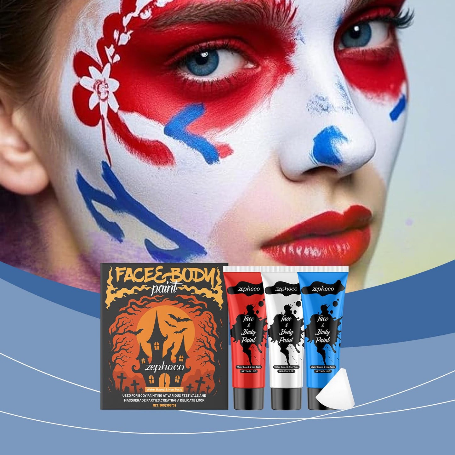 bobojuju Red White Blue Face Body Paint Set, 30g×3 Water-Based High Pigment Makeup, Safe for Sensitive Skin, Perfect for Halloween SFX Cosplay Clown