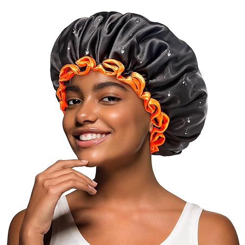 mikimini Black Shower Cap, Double Layers Waterproof Bathing Hair Cap with Reusable Soft Comfortable PEVA Lining, Cute, Non-fading & Stretchy Shower