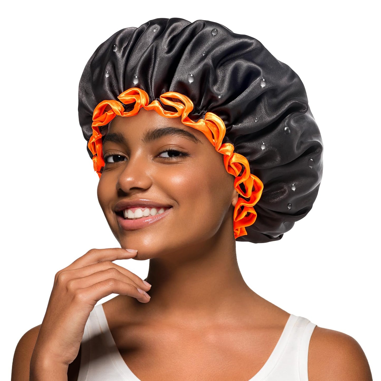mikimini Black Shower Cap, Double Layers Waterproof Bathing Hair Cap with Reusable Soft Comfortable PEVA Lining, Cute, Non-fading & Stretchy Shower
