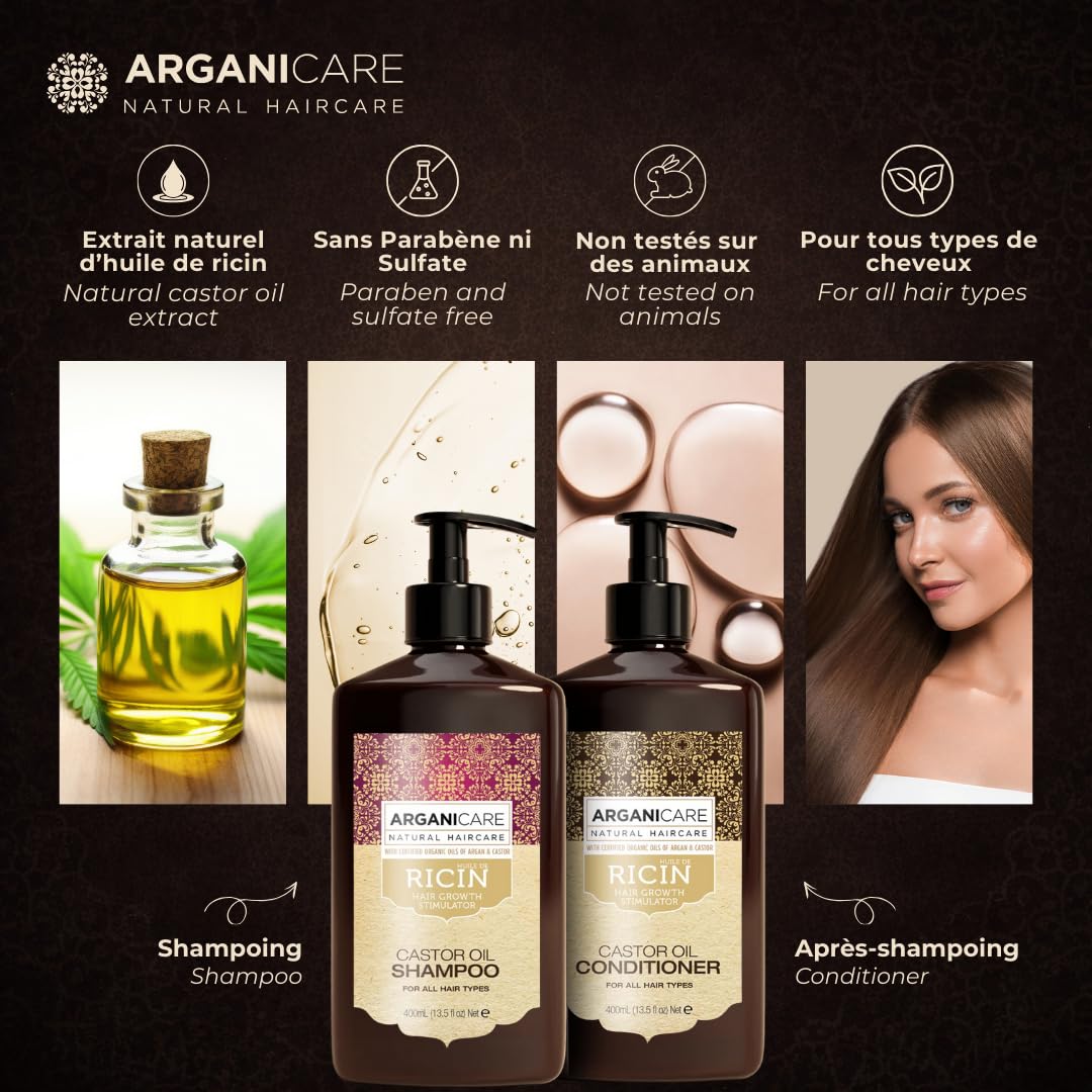 Arganicare | Duo Shampoo + Conditioner | Castor | Growth Accelerator | Gently Cleans & Moisturizes Hair | All hair types | 13.53 fl oz + 13.53 fl oz