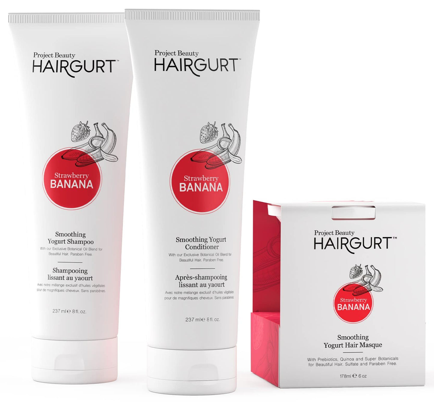 Hairgurt Strawberry Banana Smoothing Hair Care Set - Shampoo + Conditioner + Mask - Frizz Control for Color-Treated Hair - Natural & Sulfate-Free