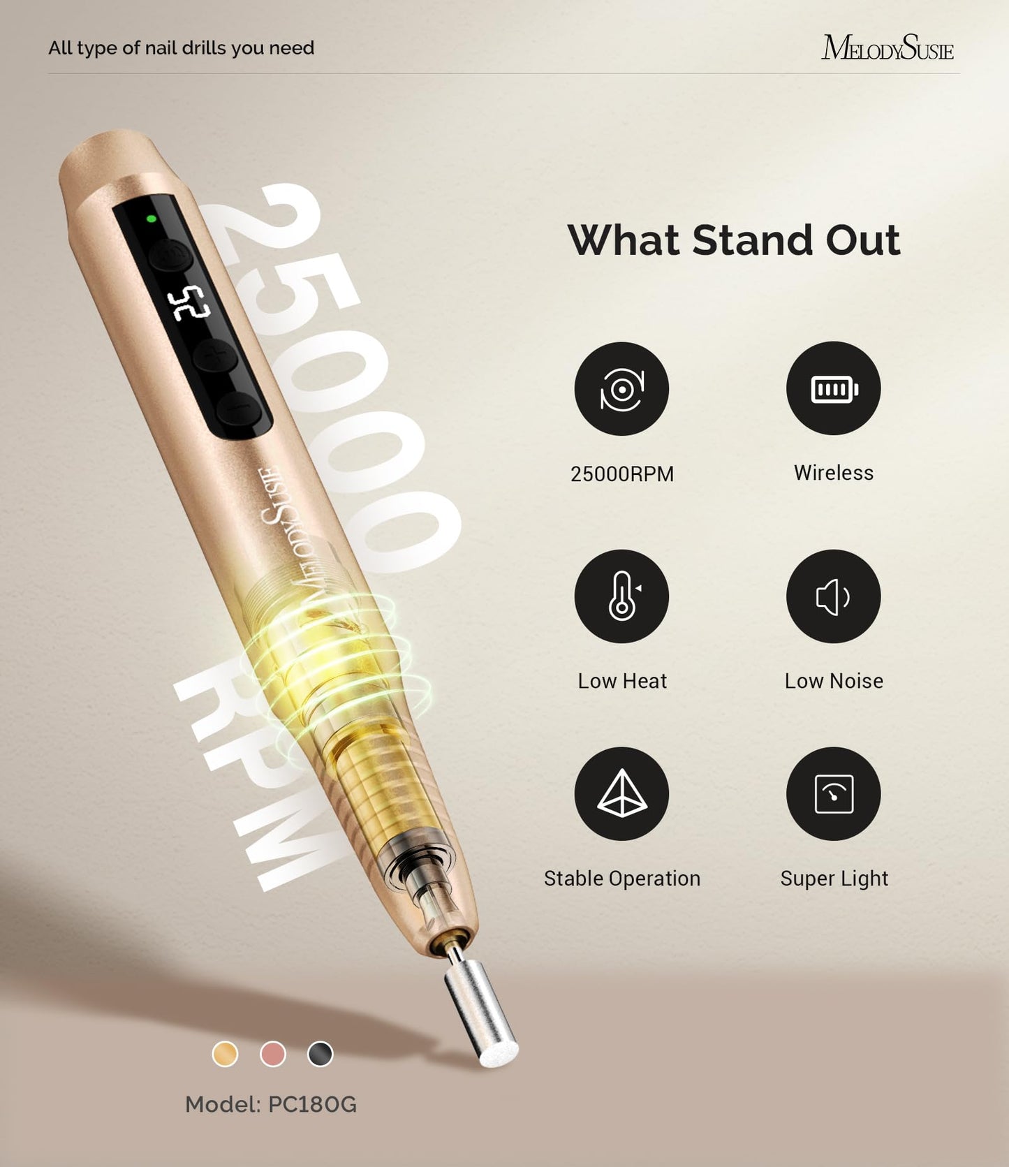 MelodySusie Pen-Shaped Portable Cordless Nail Drill,PC180G 25000RPM Rechargeable Electric File with LED Display for All Nail Care, Manicure Shaping Beauty and Personal Care MelodySusie