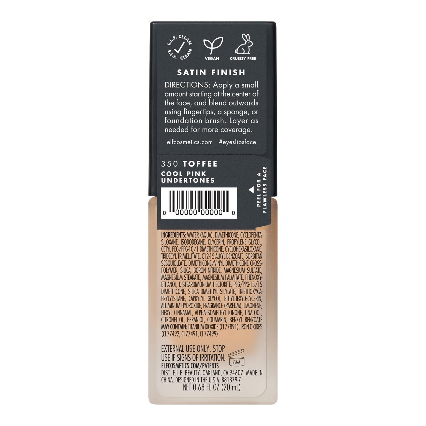 e.l.f. Flawless Satin Foundation, Lightweight & Medium Coverage, Semi-Matte Finish, Vegan & Cruelty-Free, Toffee, 0.68 Fl Oz (20mL)