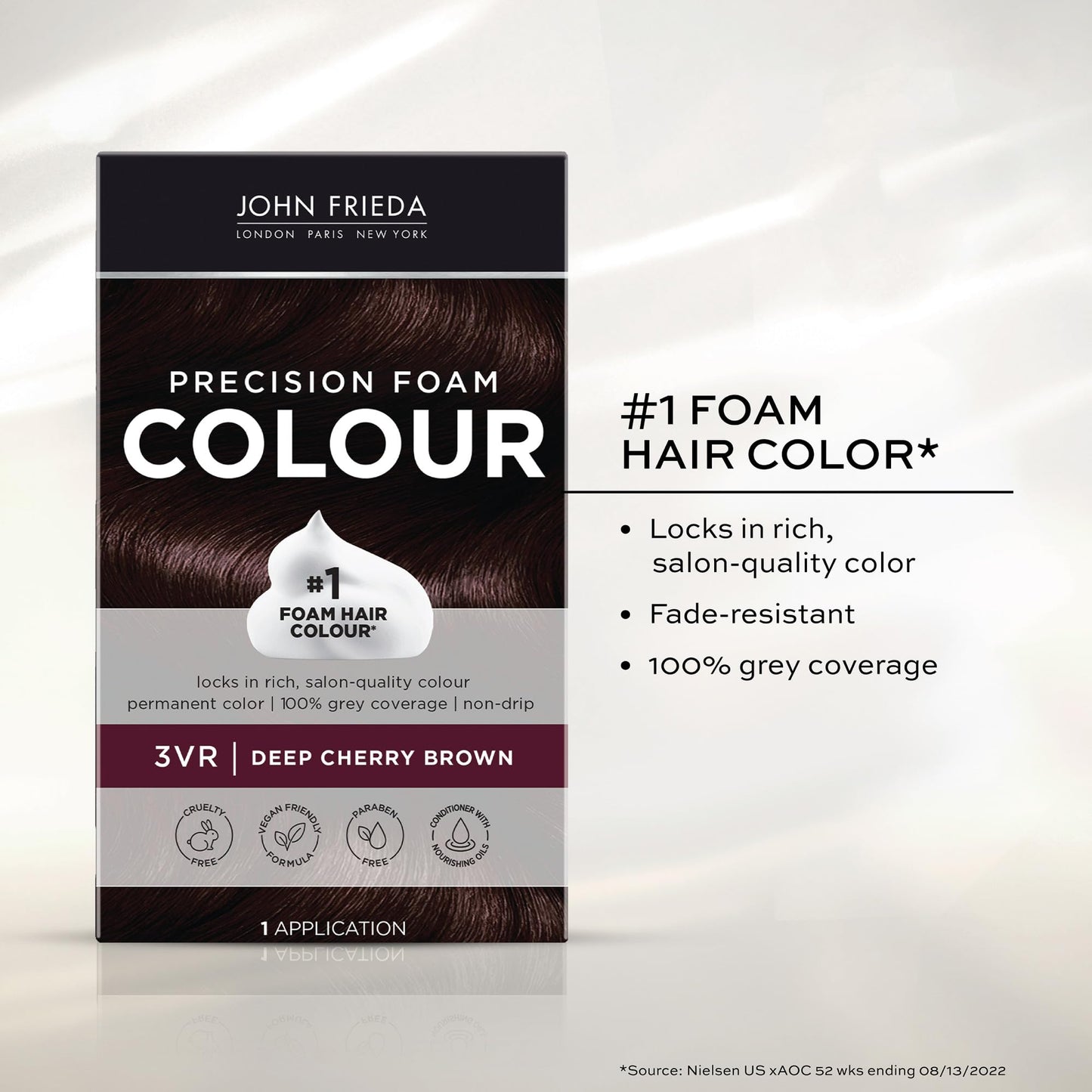 John Frieda Precision Foam Colour, Deep Cherry Brown 3VR, Full-coverage Hair Color Kit, Anti-Fade Gray Coverage, Deep Color Saturation Hair Dye, 1