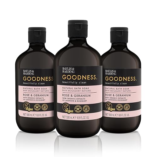 Baylis & Harding Goodness Rose & Geranium Natural Bath Soak 16.9 fl. oz (Pack of 3) - Biodegradable Formula - Vegan Friendly