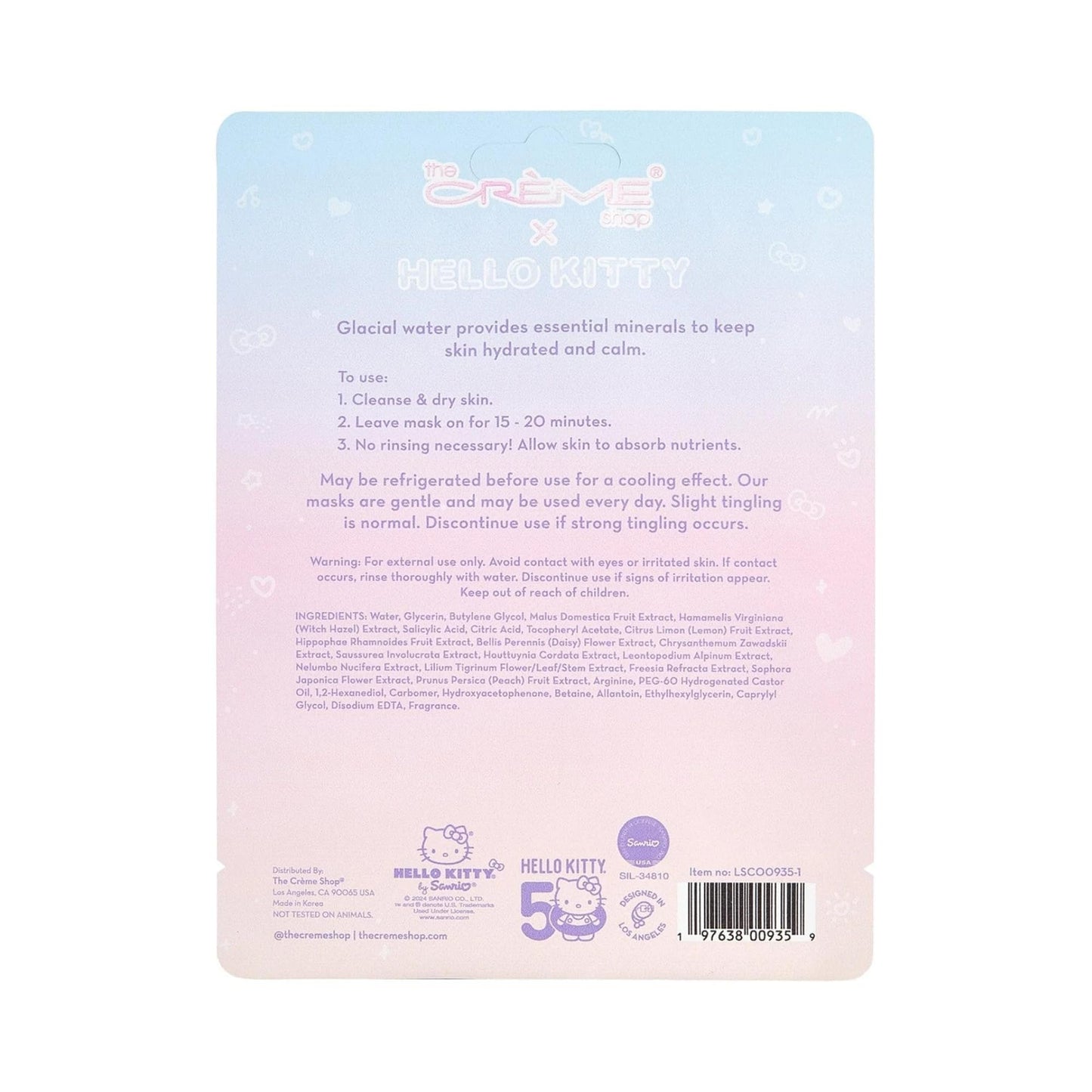 The Crème Shop x Hello Kitty Look So Cool Printed Essence Sheet Mask, Infused with Hydrating and Cooling Glacial Water, Korean Face Mask - 50th Year