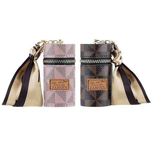 Adorila 2 Pack Lipstick Organizer, Leather Lip Gloss Bag with Keychain, Portable Mini Lipstick Case for Purse (Brown, Pink)