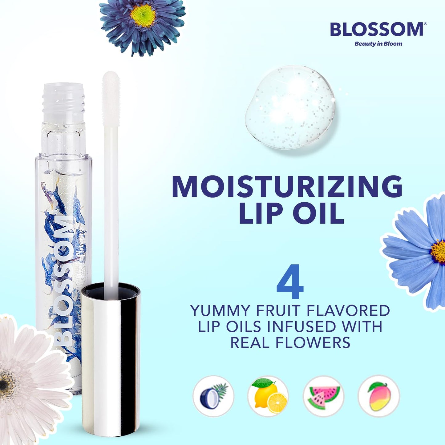 Blossom Lip Gloss & Lip Oil with Olive Oil + Grape Seed Oil, Moisturizing and Hydrating Shimmer Sparkle, Infused with Real Flowers, 3g, Coconut