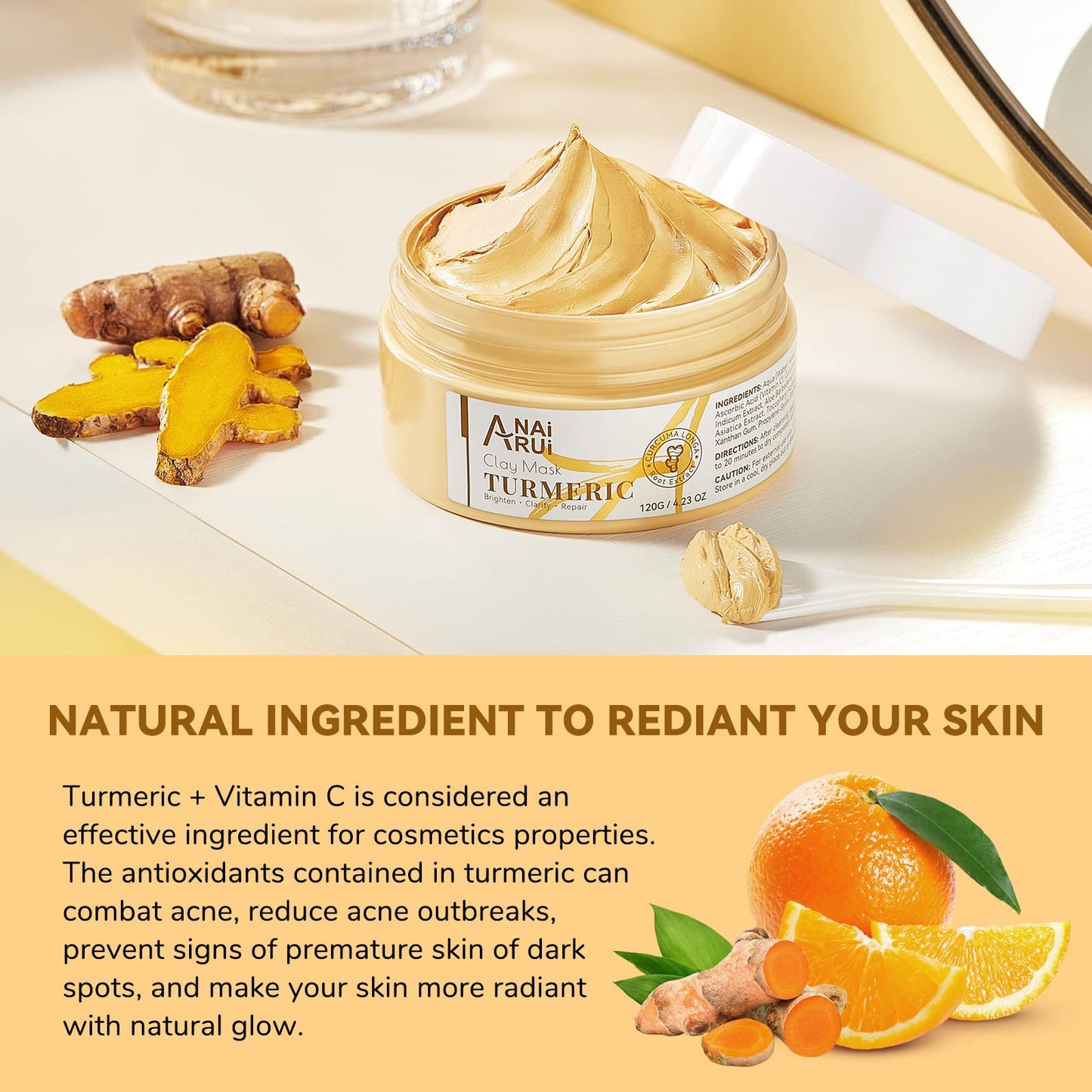 Turmeric Vitamin C Face Mask, Deeep Cleansing Clay Mask for Dull Skin, Skincare Facial Mask for Refining Pores and Controlling Oil, Smooth & Radiant
