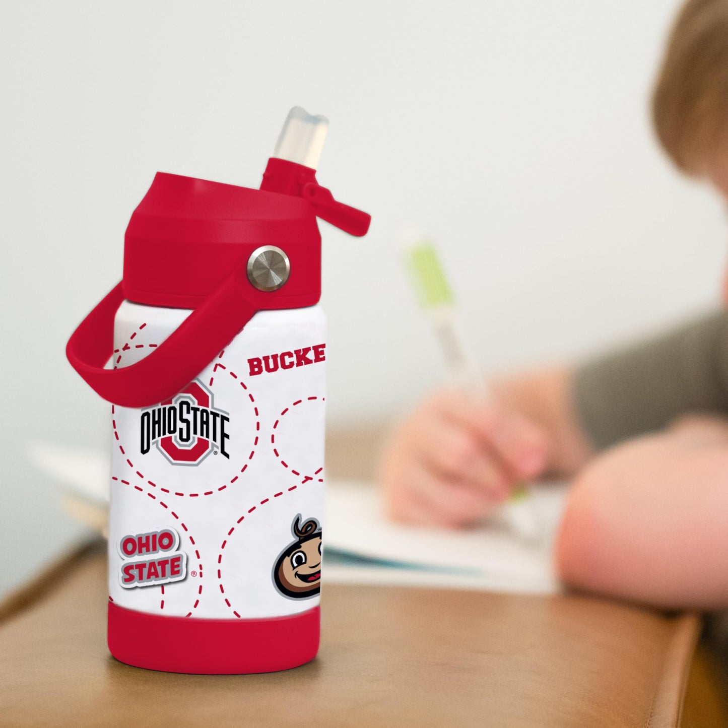 Logo Brands NCAA Ohio State Buckeyes Mascot Stainless-Steel Kids Bottle -Soft Silicone Mouthpiece, Easy To Carry, Kid-Friendly Design- Great