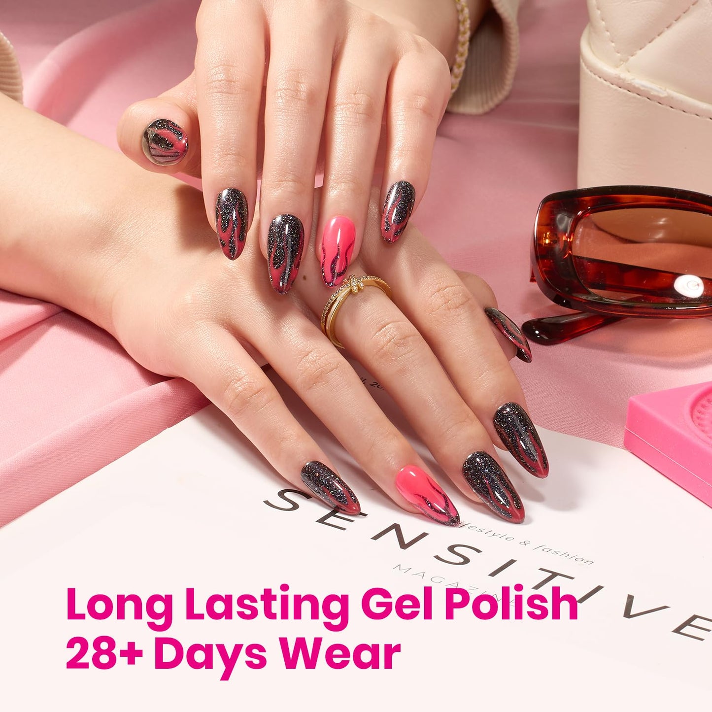 Beetles Hot Pink Gel Nail Polish Set, 6 Colors Glitter Purple and Black Shimmer Electric Carnival Collection, Dreamy Swirl Thread Effect, Soak Off UV Beauty and Personal Care beetles Gel Polish