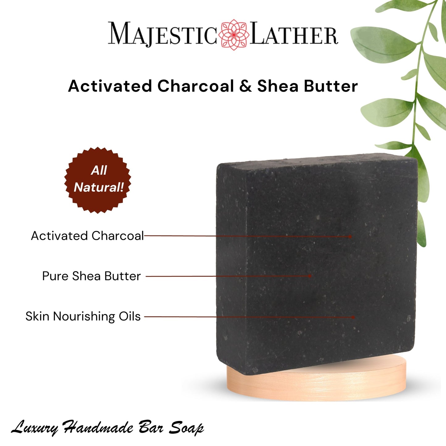Majestic Lather Activated Charcoal & Shea Butter Luxury Bar Soap for Face, Body, Oily & Sensitive Skin, Eczema, Psoriasis and ACNE. Purifying