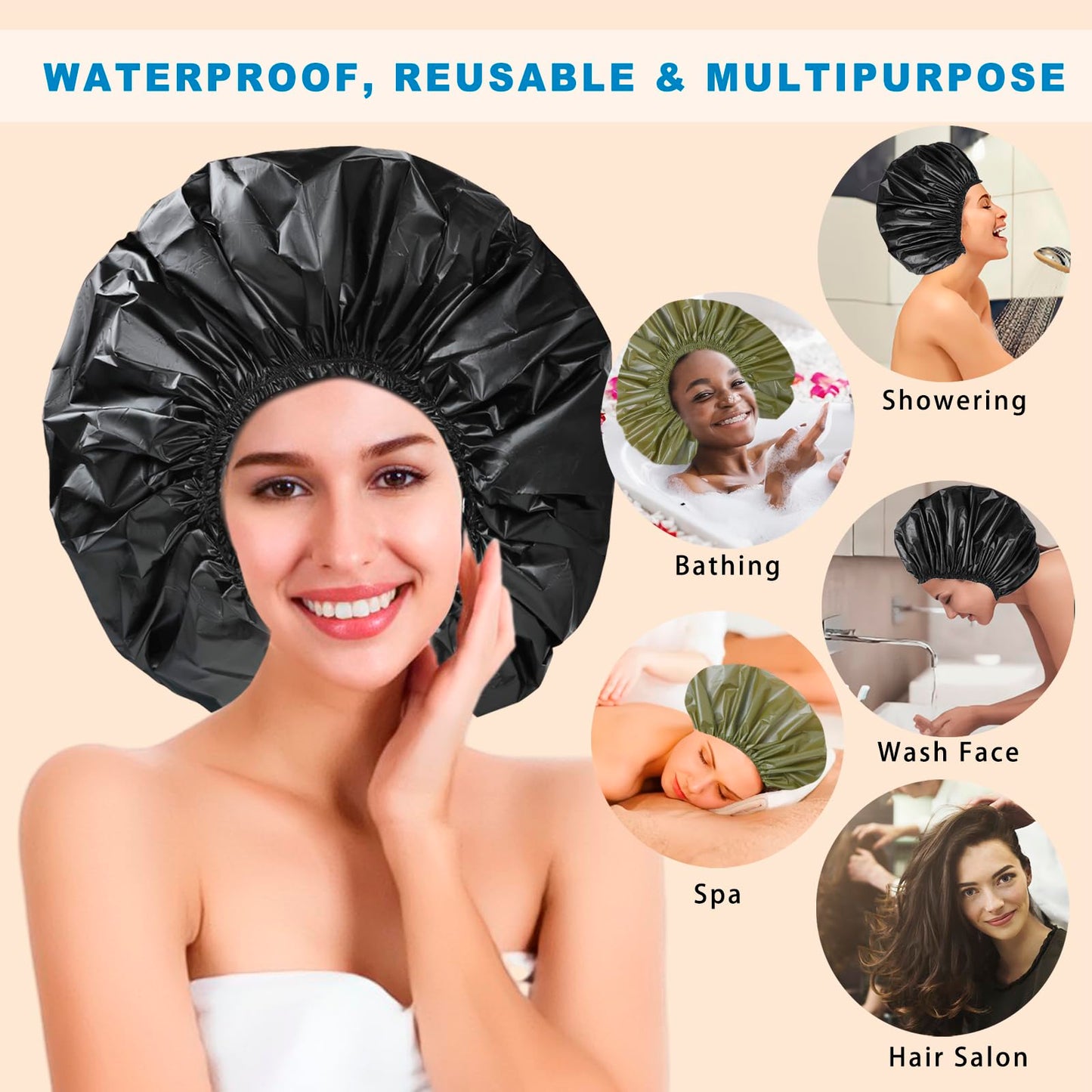 Jumbo Size Shower Cap 2 PCS Waterproof Shower Caps for Women, Extra Large Shower Cap, Reusable Super Large Bath Caps Hair Cap for Long Thick Curly Beauty and Personal Care CHFONG