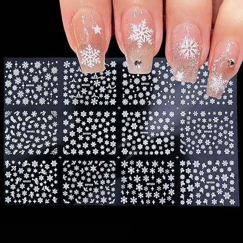 12 Sheets Snowflakes Nail Art Stickers Christmas Nail Decals 3D Self-Adhesive Snowflakes Nail Designs Nails Supplies for Women Girls Nails Tattoos