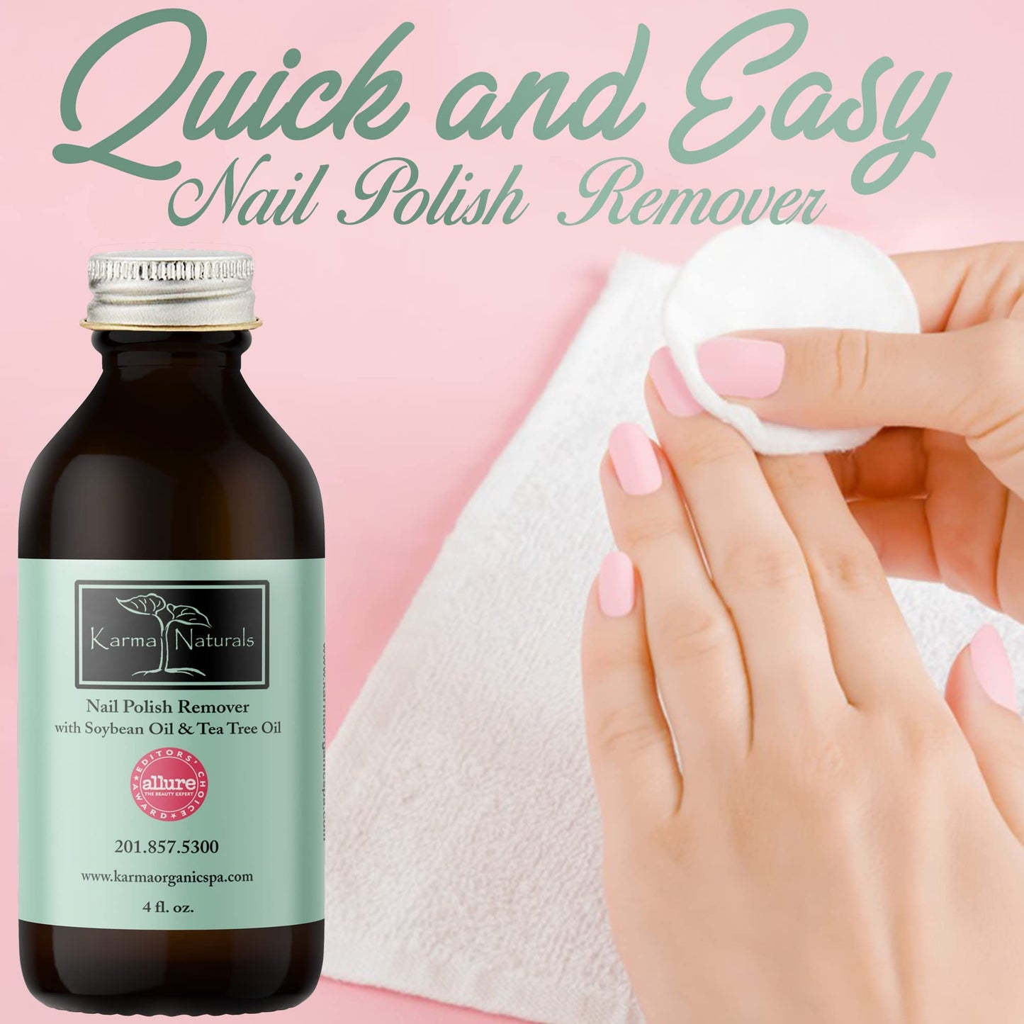 Karma Organic Nail Polish Remover with Soybean Oil and Tea Tree Oil- Non Toxic, Vegan, Cruelty Free, Acetone Free - Nails Strengthener for Fingernails