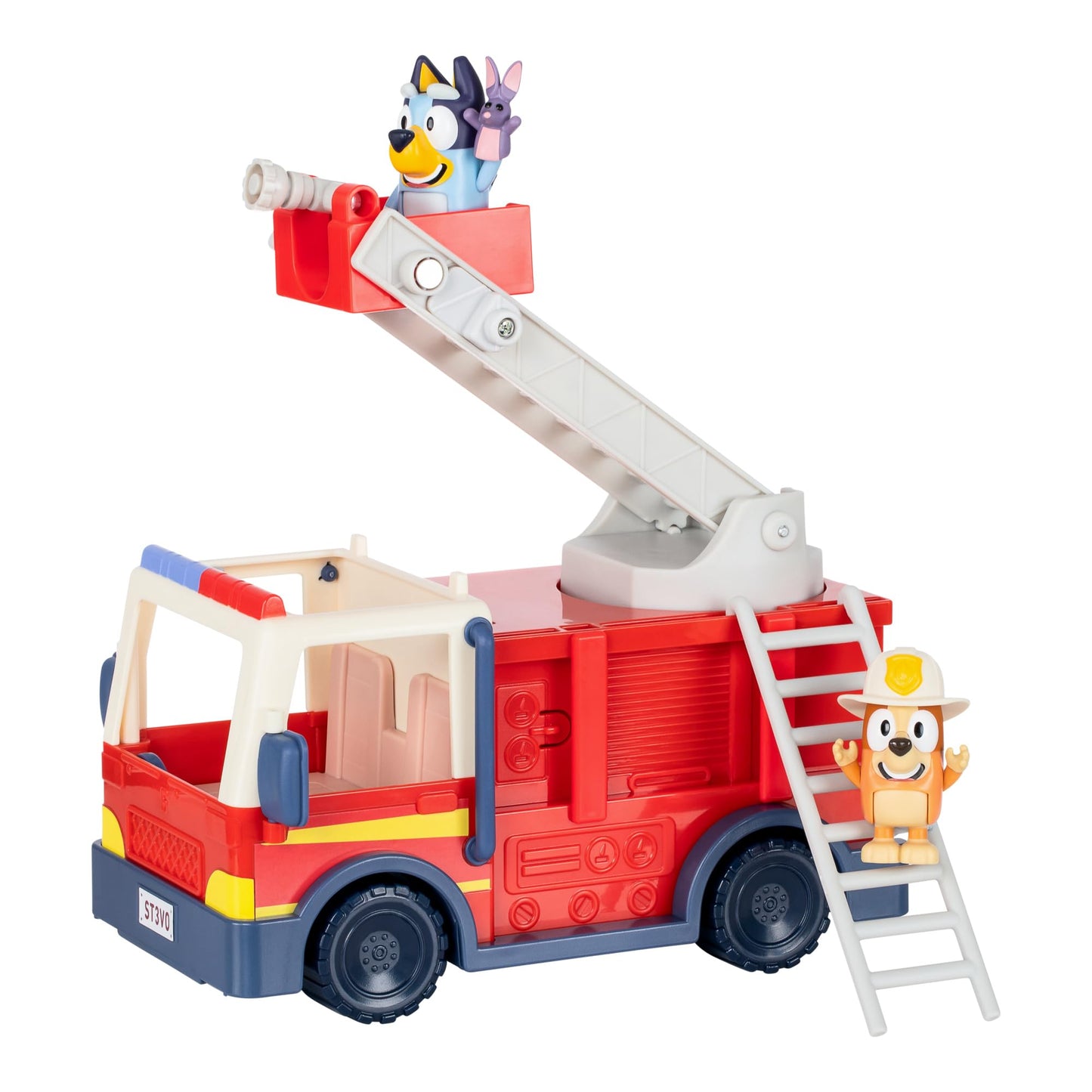 Bluey Firetruck Toy with Firefighter Bingo, Bob Bilby Figures | Extendable Ladder & Hose | Includes Stickers - Perfect for Kids Ages 3+