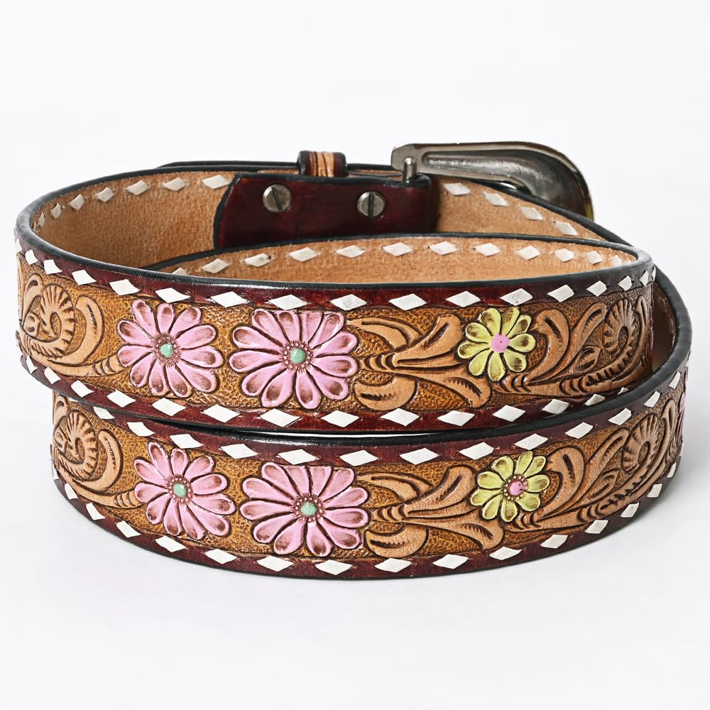 American Darling Medium Beautifully Hand Tooled Tan Genuine Leather Belt Men and Women Western with Removable Buckle