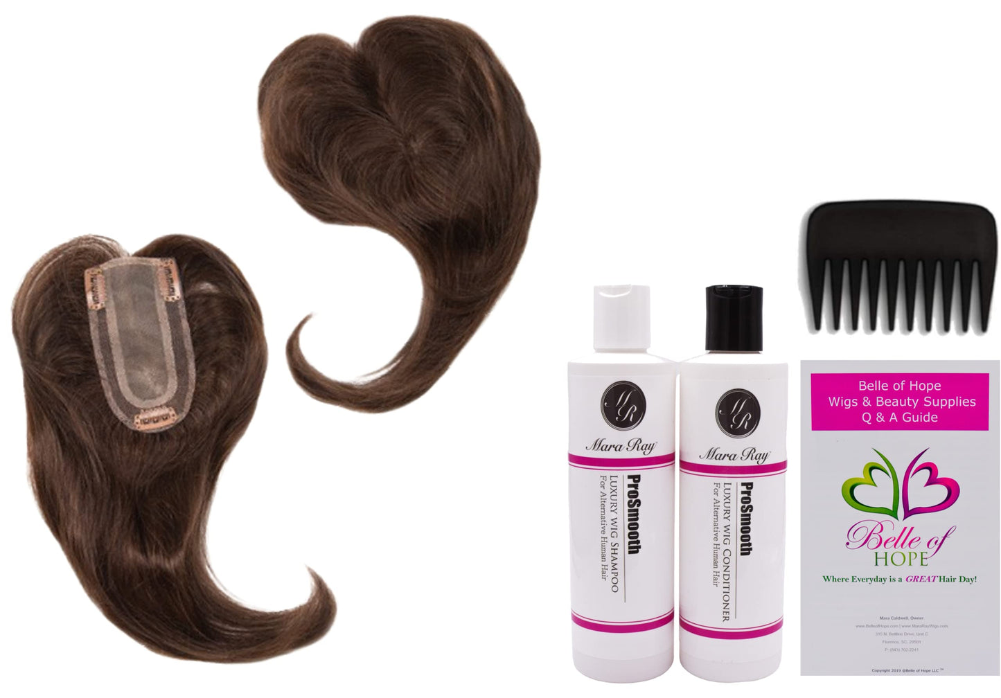 ADD-ON PART Human Hair/HF Synthetic Blend Topper by Envy, 5PC Bundle: Topper, 4oz Mara Ray Luxury Shampoo & Conditioner, Wide Tooth Comb, and 19 Page
