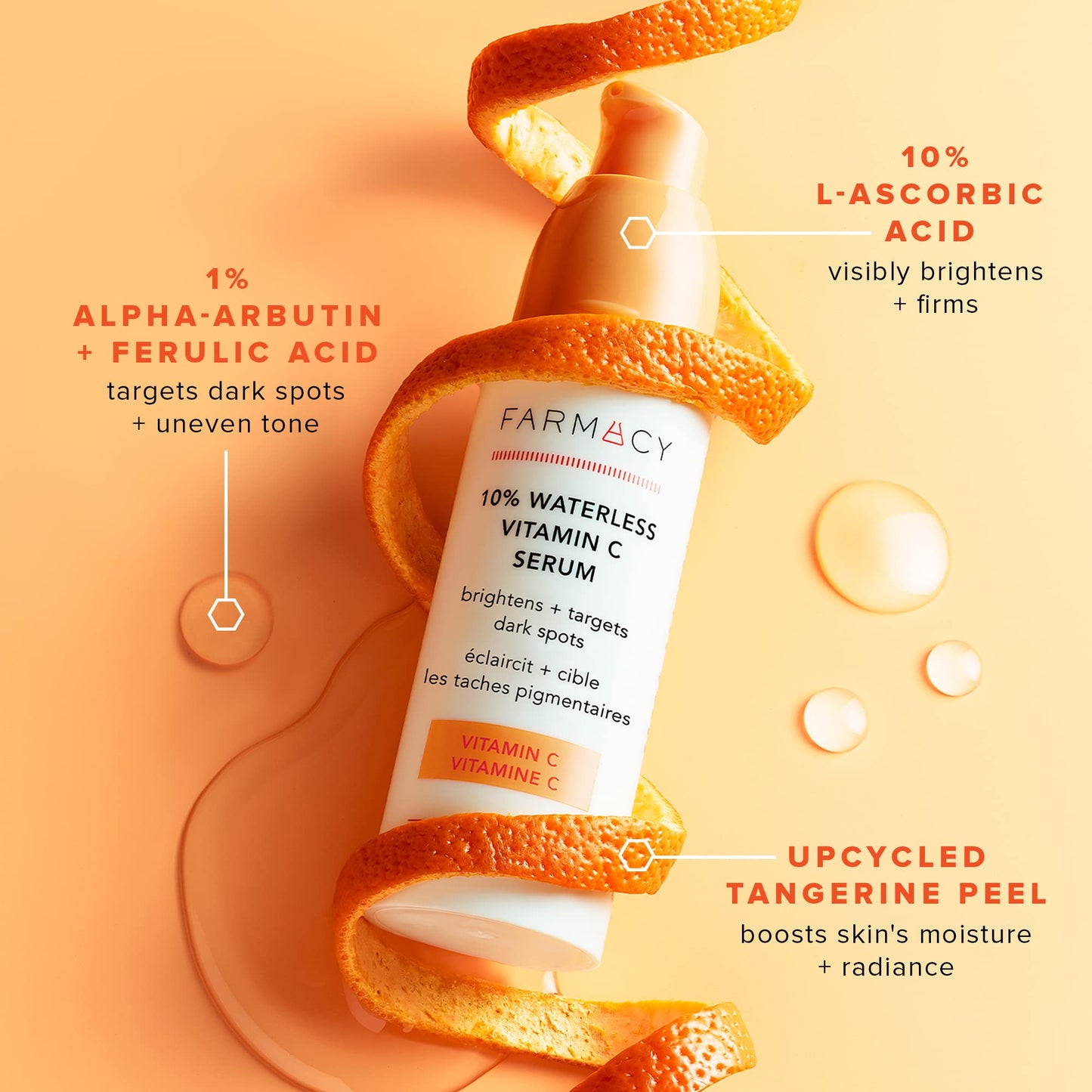 Farmacy 10% Vitamin C Serum for Face - Brightening Vitamin C Face Serum to Firm + Smooth Skin Texture - L Ascorbic Acid + Tangerine Peel Infused Skin