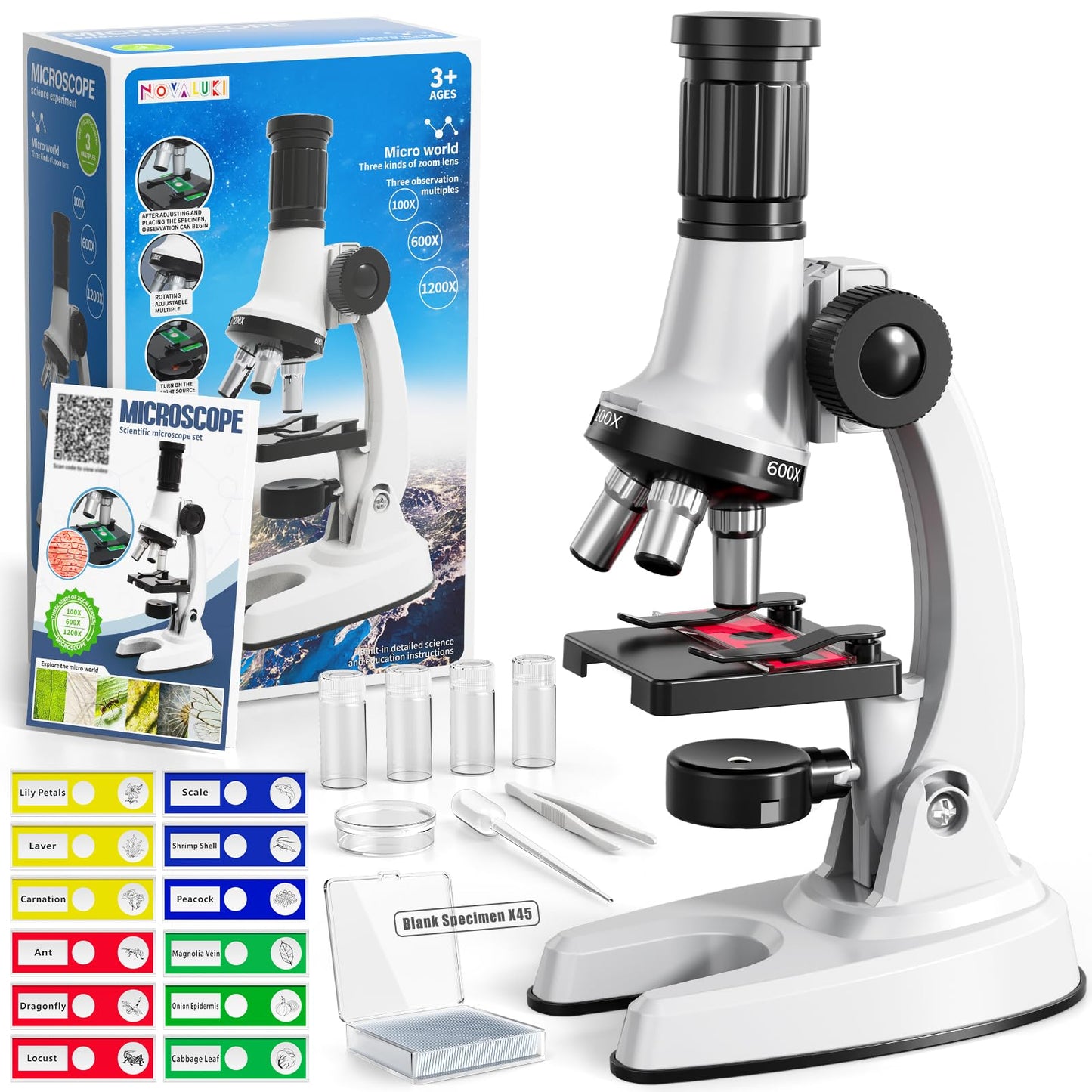 Novaluki 65PCS Kids Microscope Kit – 100x-1200x Magnification with 7 LED Colors & 12 Slides, STEM Science Set for Boys & Girls Ages 5–12