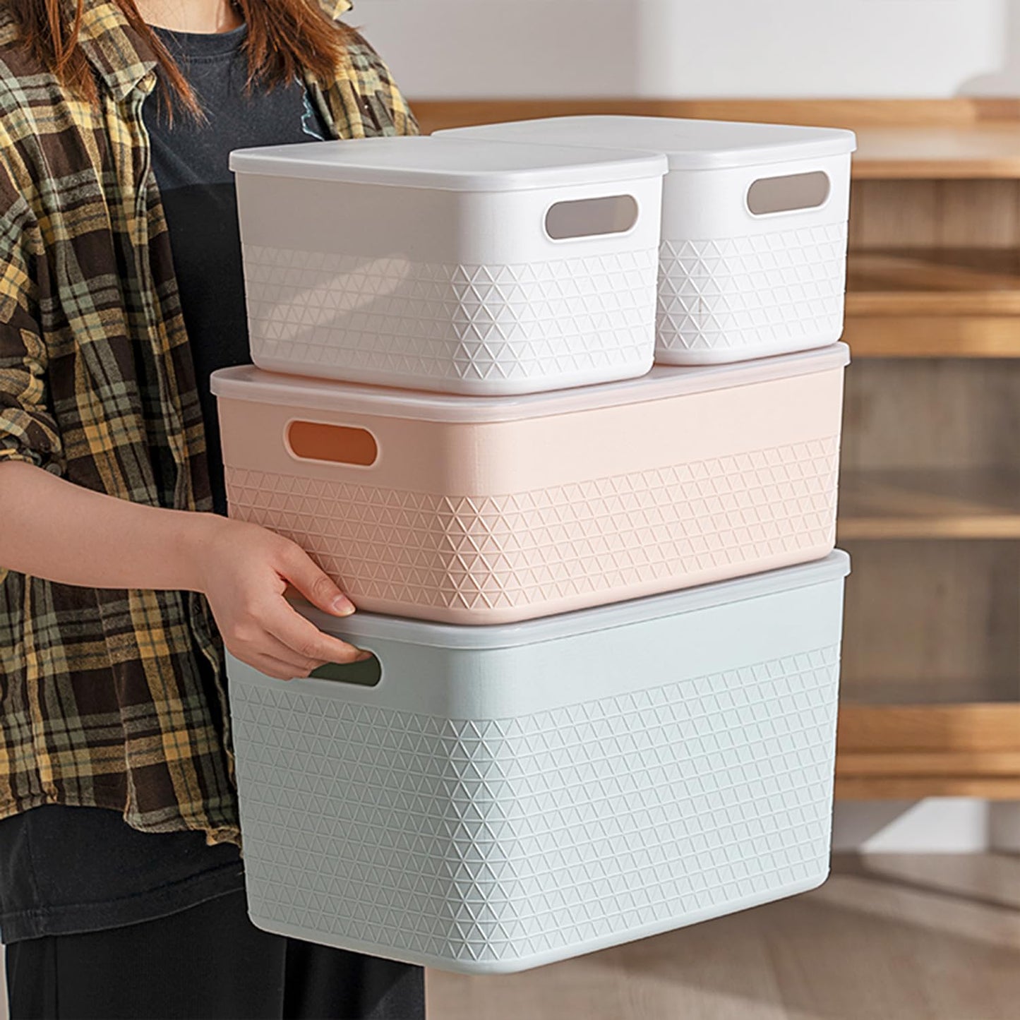 HANAMYA Lidded Storage Bin Organizer | Storage Organizing Container, 9 Liter, Set of 4, Mint