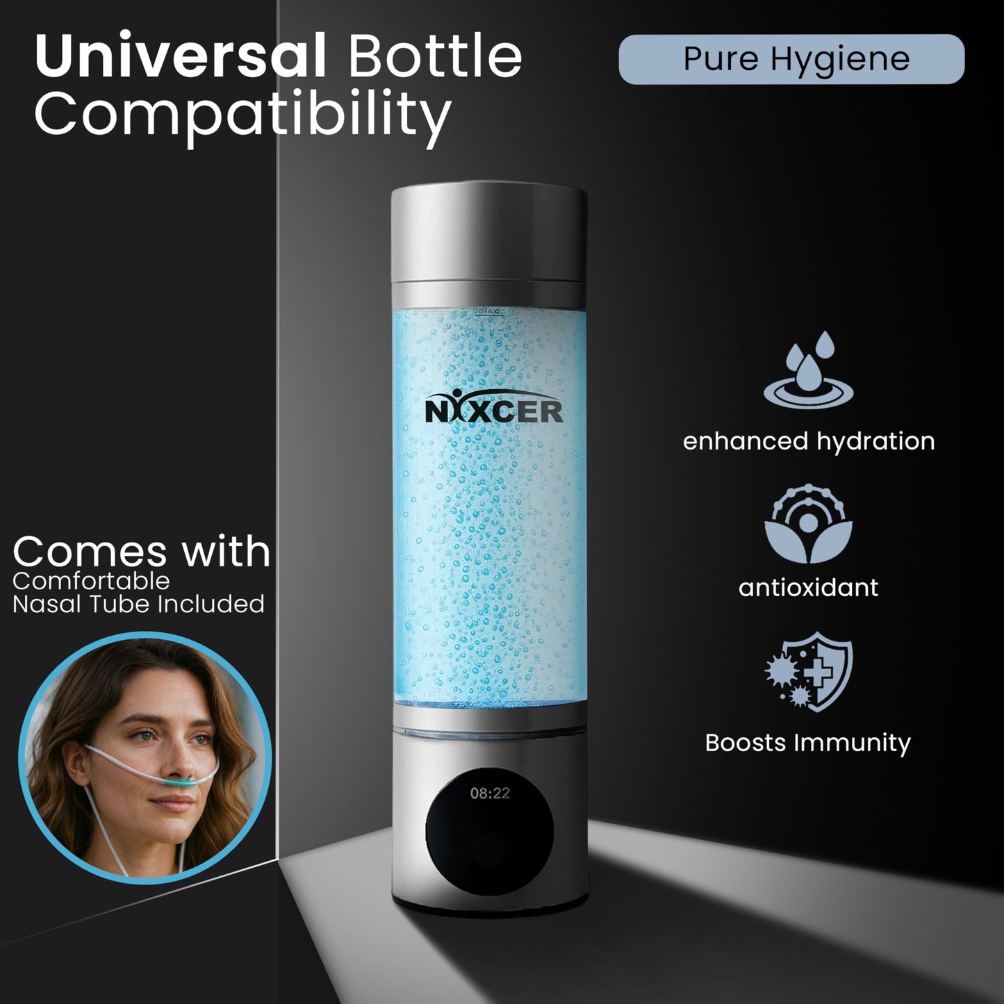 Nixcer Hydrogen Pro Water Bottle - 8000PPB H2, SPE/PEM, OLED Display, Dual Mode (5/10 Min), USB-C Rechargeable - Portable Hydrogen Generator