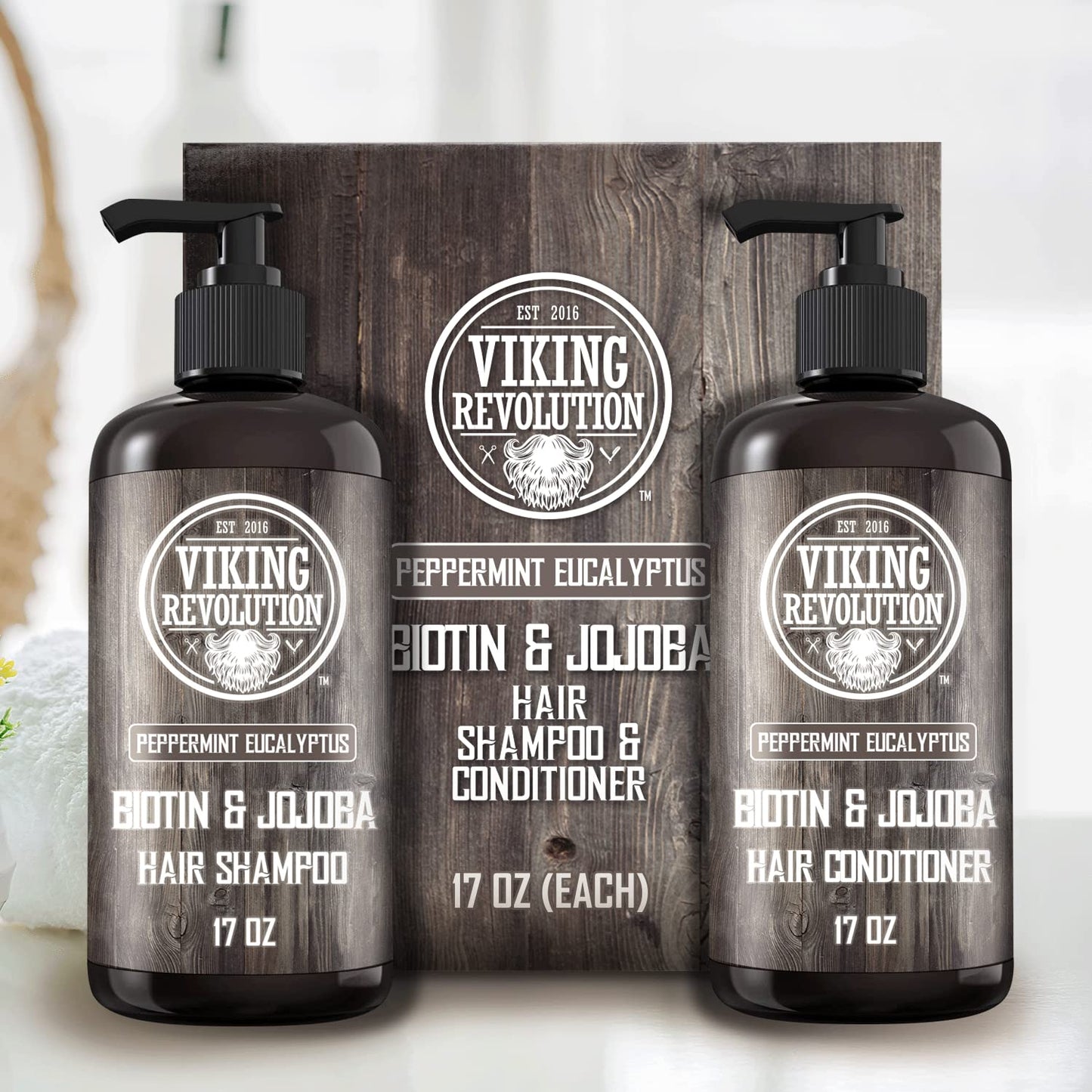 Viking Revolution Biotin Mens Shampoo and Conditioner Set - Eucalyptus Shampoo and Conditioner Set with Jojoba and Mint Oil - Peppermint Oil Hair